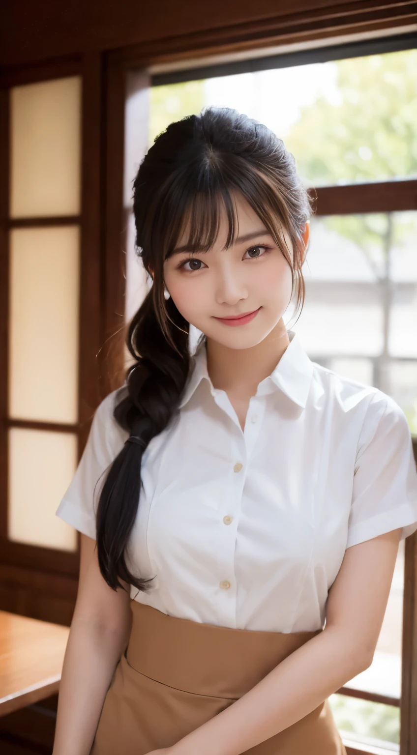 (highest quality,masterpiece:1.3,ultra high resolution,),(Super detailed,caustics),(Photoreal:1.4,RAW shooting,)ultra-realistic capture,very detailed,High resolution 16K human skin close-up。 natural skin texture、,The pores are、、、Must be detailed enough to be easily identified。 Skin should look even-toned and healthy。 Use natural light and color,restaurant,waitress uniform,1 girl,Japanese,18-year-old,cute,black haired,ponytail,big breasts,smile,turn your body forward,(Front view:1.1),look at the camera,cowboy shot,