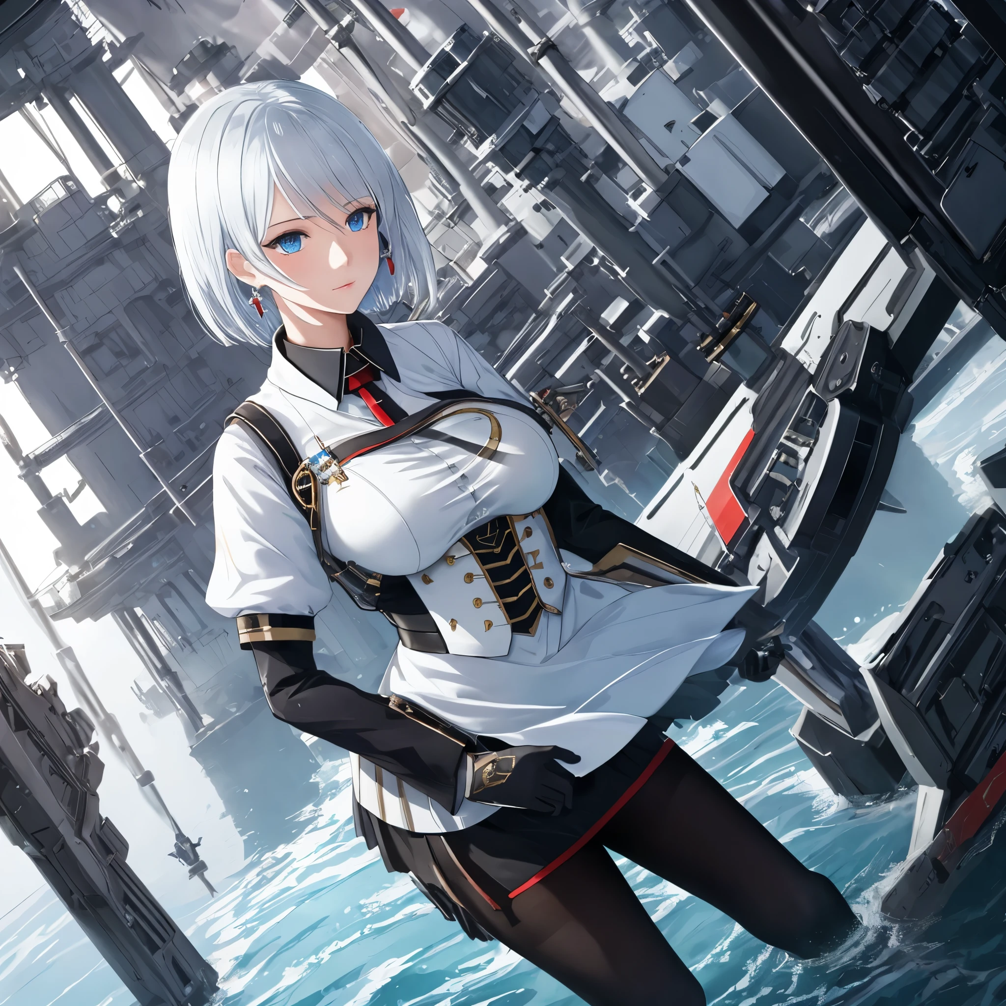 (masterpiece), best quality,{full body}, ((1 girl)), ((beauty detailed eye)), {black business suit:1.40}, {tie:1.20}, {white gloves:1.15}, {white shirt:1.10}, {black skirt:1.15}, handsome, {tirpitz_azurlane:1.15}, blue_eyes, hair_between_eyes, short_hair, breasts, beautiful detailed face, highly detailed,illustration,extremely detailed CG unity wallpaper,submerge,cinematic lighting, pantyhose, mature, white_hair, large_breasts, robot girl, earrings, jewelry, cross, cross_earrings, bangs, dramatic angle, posing caustics