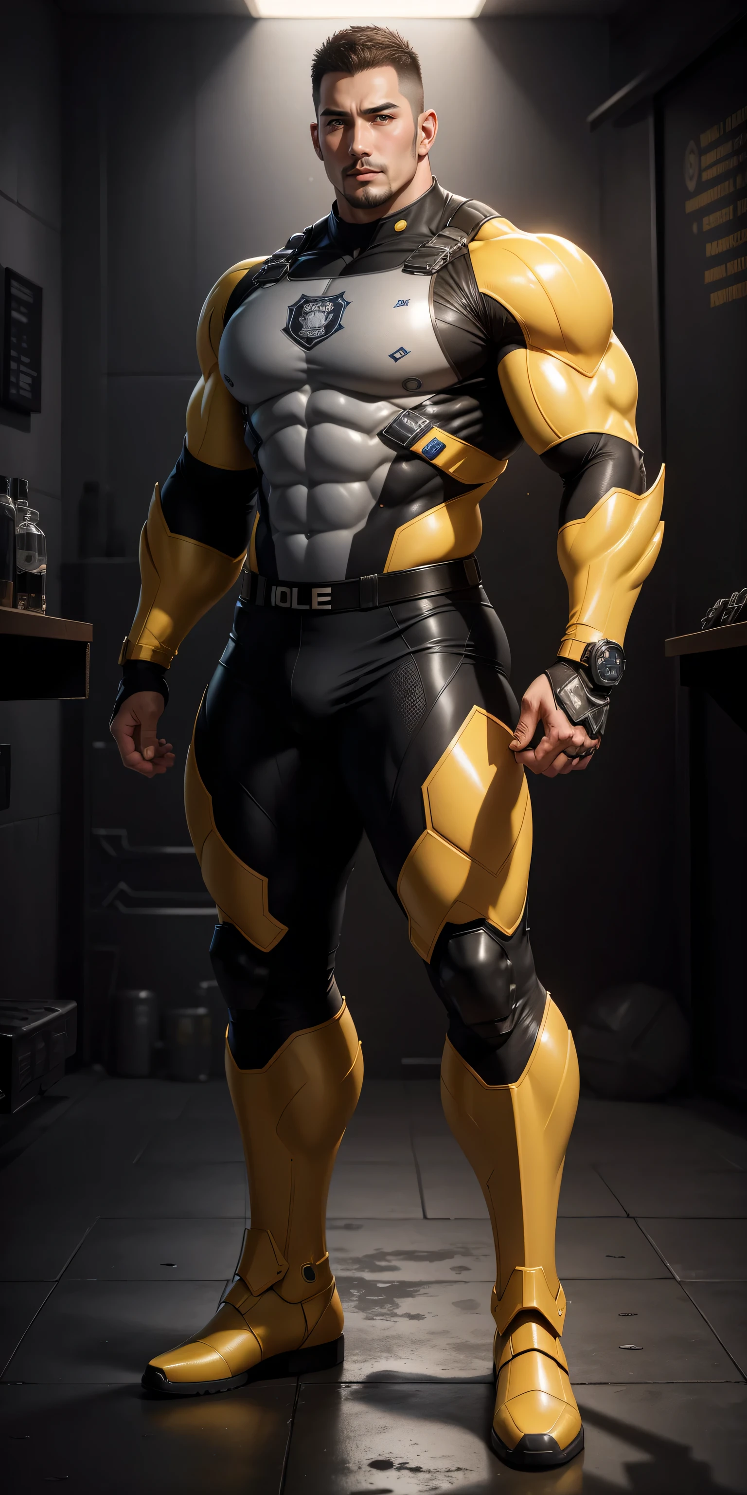 Tall giant muscular police officer,Yellow-gray honeycomb network pattern nano mecha,honeycomb pattern,Lightweight texture,character concept(Resident Evil - chris redfield,chris redfield)senior police officer,small grid texture,regular symmetrical texture pattern,sad expression,Deep and charming eyes,Emerald Eyes Hero,heroic male pose,高大burly,muscular!Charming leg muscles,High, burly, Heqiang, Super gain and cool, high resolution committee, Yellow gray ultra-thin nano mechanical boots for big feet,Charming strong man,The bright sunshine is shining on you,matte particles,shiny texture