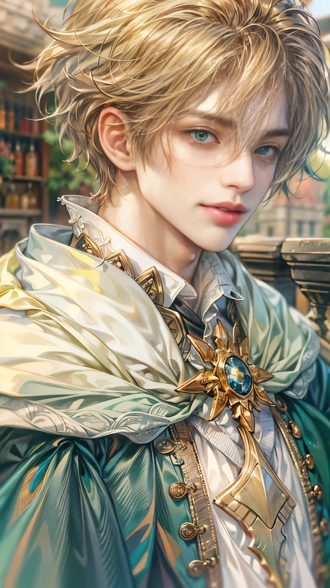 (absurdres, highres, ultra detailed, HDR), masterpiece, Intricate details,best quality picture of a character from Octopath Traveler, handsome  boy with original Hair color, theme color randomized between peach, apricot, periwinkle, cream, red, blue, green, orange, yellow, or purple, anime eyes, see through Outfit showing Chest with cape in a random color, detailed town scenery, detailed character, art kenouji