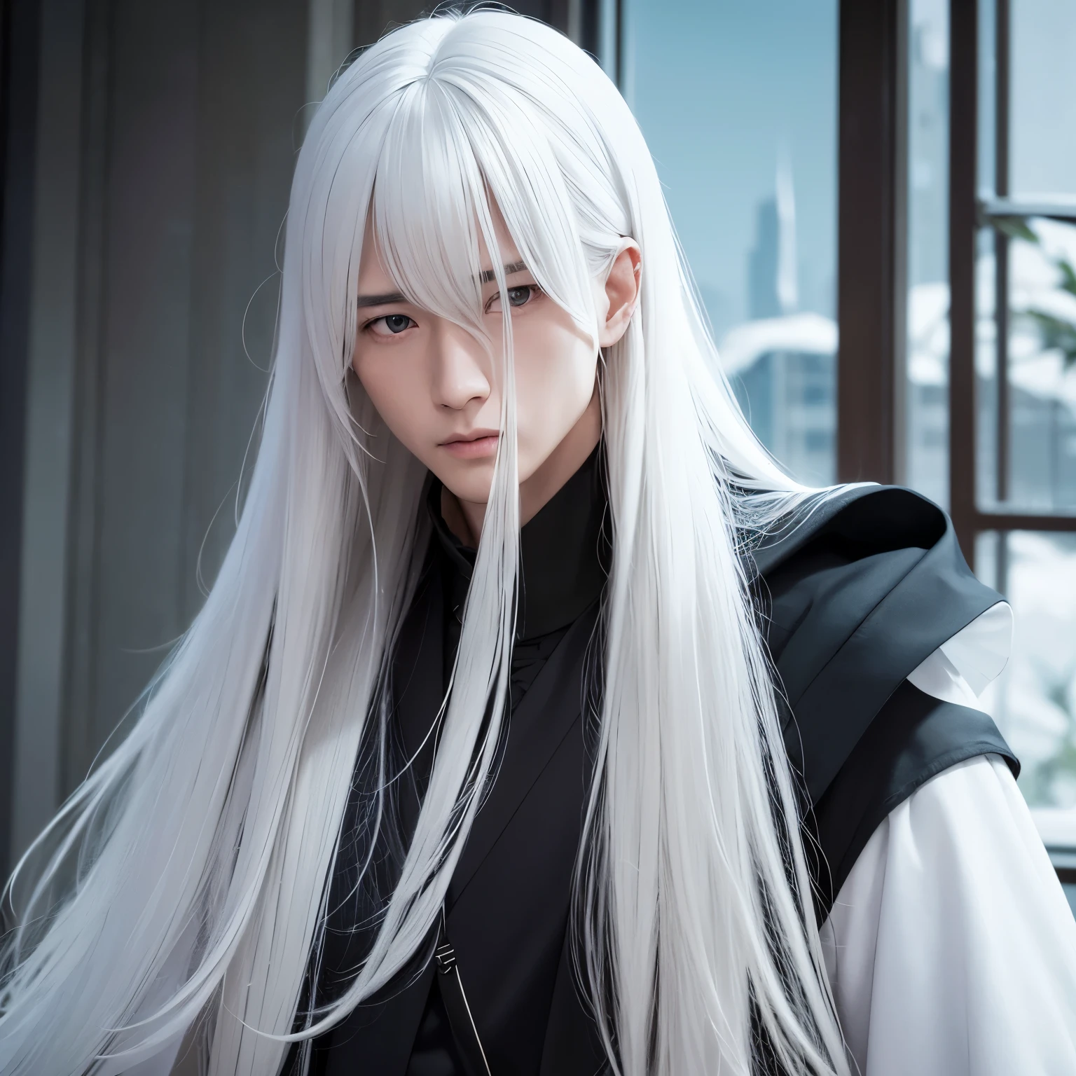 A man with platinum blonde hair and a black robe, Kenji Tan, with long white hair, long white hair, still from live action movie, Inspired by Matt Smith, fantasy movie still, live-action movie scenes, cloud-like white hair, The exquisite prince, Inspired by Seki Dosheng, screenshots from movies
