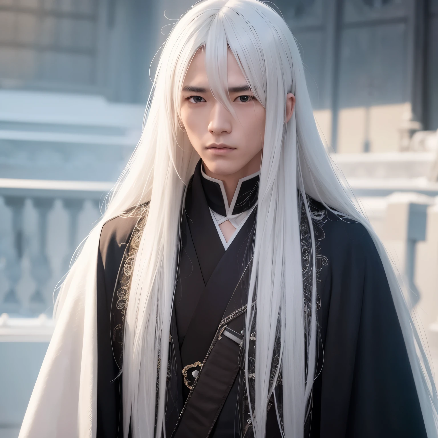 A man with platinum blonde hair and a black robe, Kenji Tan, with long white hair, long white hair, still from live action movie, Inspired by Matt Smith, fantasy movie still, live-action movie scenes, cloud-like white hair, The exquisite prince, Inspired by Seki Dosheng, screenshots from movies