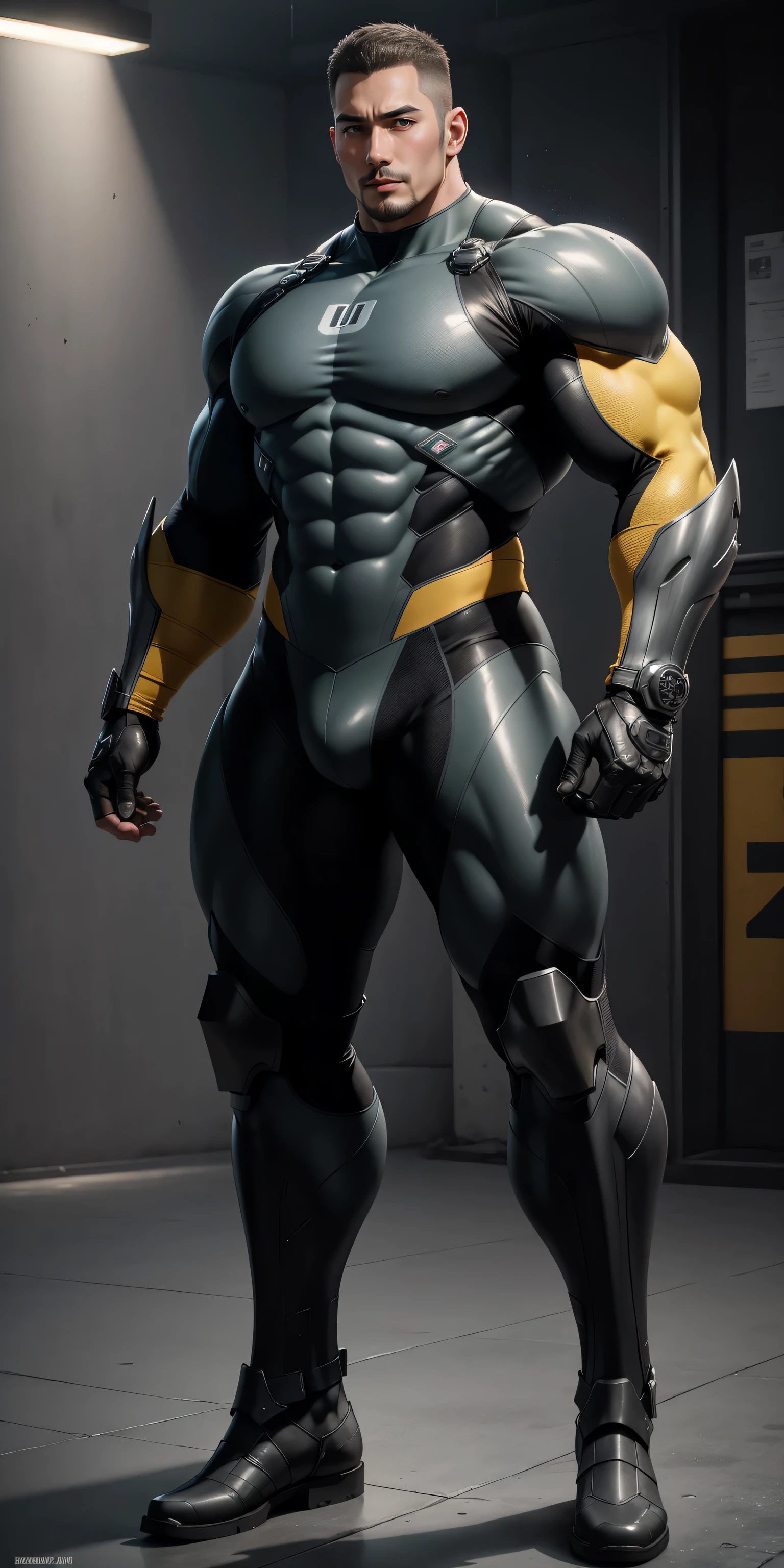 Tall giant muscular police officer,Yellow-gray honeycomb network pattern nano mecha,honeycomb pattern,Lightweight texture,character concept(Resident Evil - chris redfield,chris redfield)senior police officer,small grid texture,regular symmetrical texture pattern,sad expression,Deep and charming eyes,Emerald Eyes Hero,heroic male pose,高大burly,muscular!Charming leg muscles,High, burly, Heqiang, Super gain and cool, high resolution committee, Yellow gray ultra-thin nano mechanical boots for big feet,Charming strong man,The bright sunshine is shining on you,matte particles,shiny texture