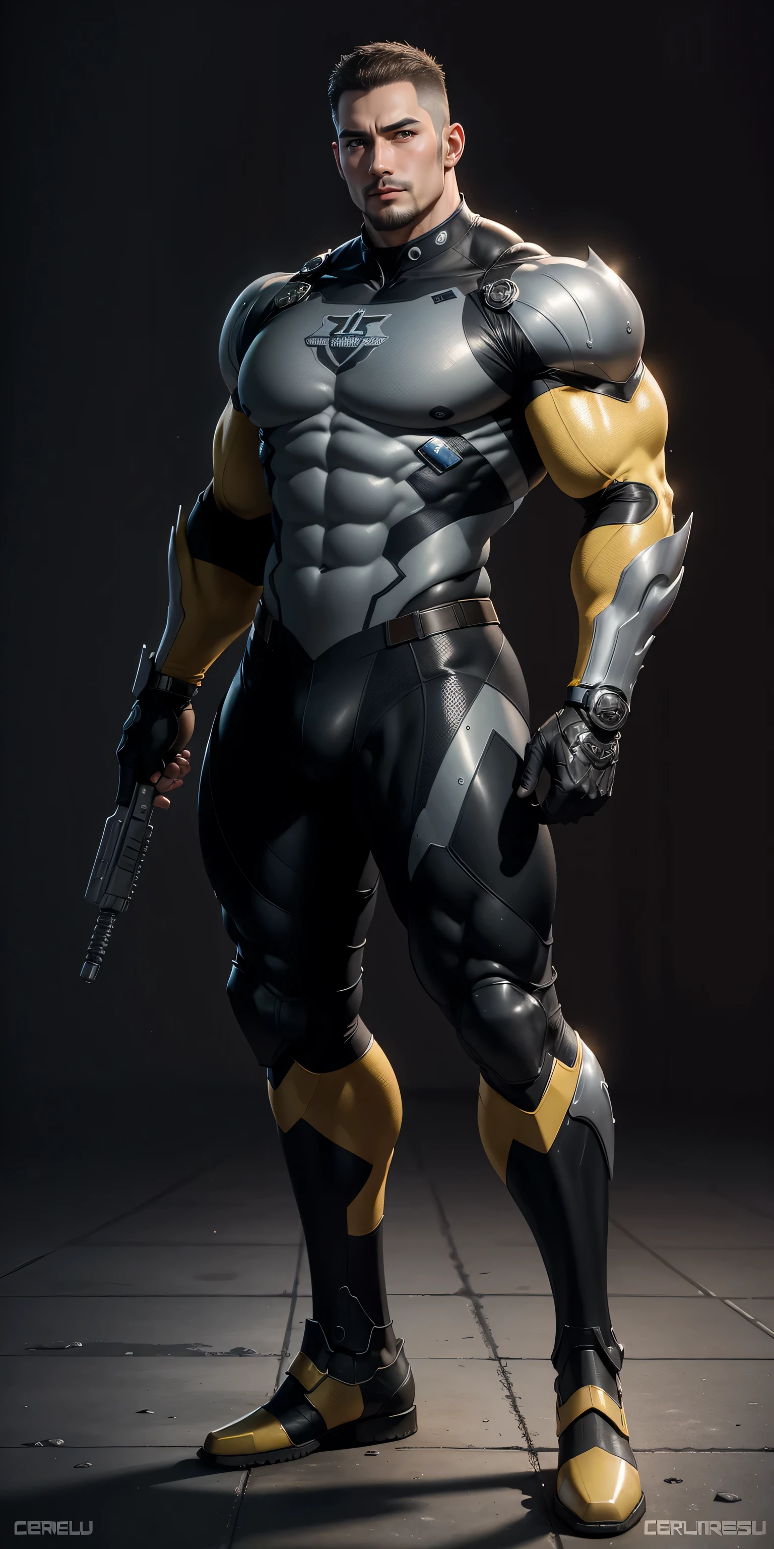 Tall giant muscular police officer,Yellow-gray honeycomb network pattern nano mecha,honeycomb pattern,Lightweight texture,character concept(Resident Evil - chris redfield,chris redfield)senior police officer,small grid texture,regular symmetrical texture pattern,sad expression,Deep and charming eyes,Emerald Eyes Hero,heroic male pose,高大burly,muscular!Charming leg muscles,High, burly, Heqiang, Super gain and cool, high resolution committee, Yellow gray ultra-thin nano mechanical boots for big feet,Charming strong man,The bright sunshine is shining on you,matte particles,shiny texture