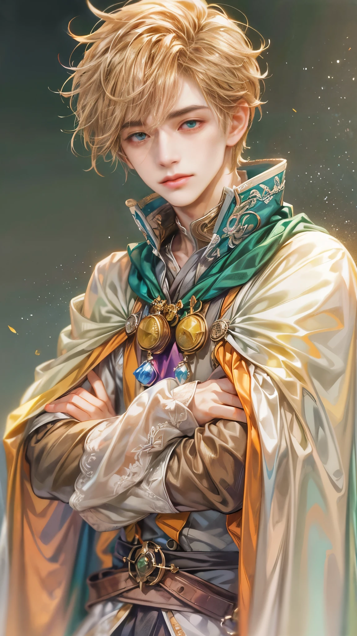 (absurdres, highres, ultra detailed, HDR), masterpiece, Intricate details,best quality picture of a character from Octopath Traveler, handsome teen boy with original Hair color, theme color randomized between peach, apricot, periwinkle, cream, red, blue, green, orange, yellow, or purple, anime eyes, see through Outfit showing Chest with cape in a random color, detailed town scenery, detailed character, art kenouji