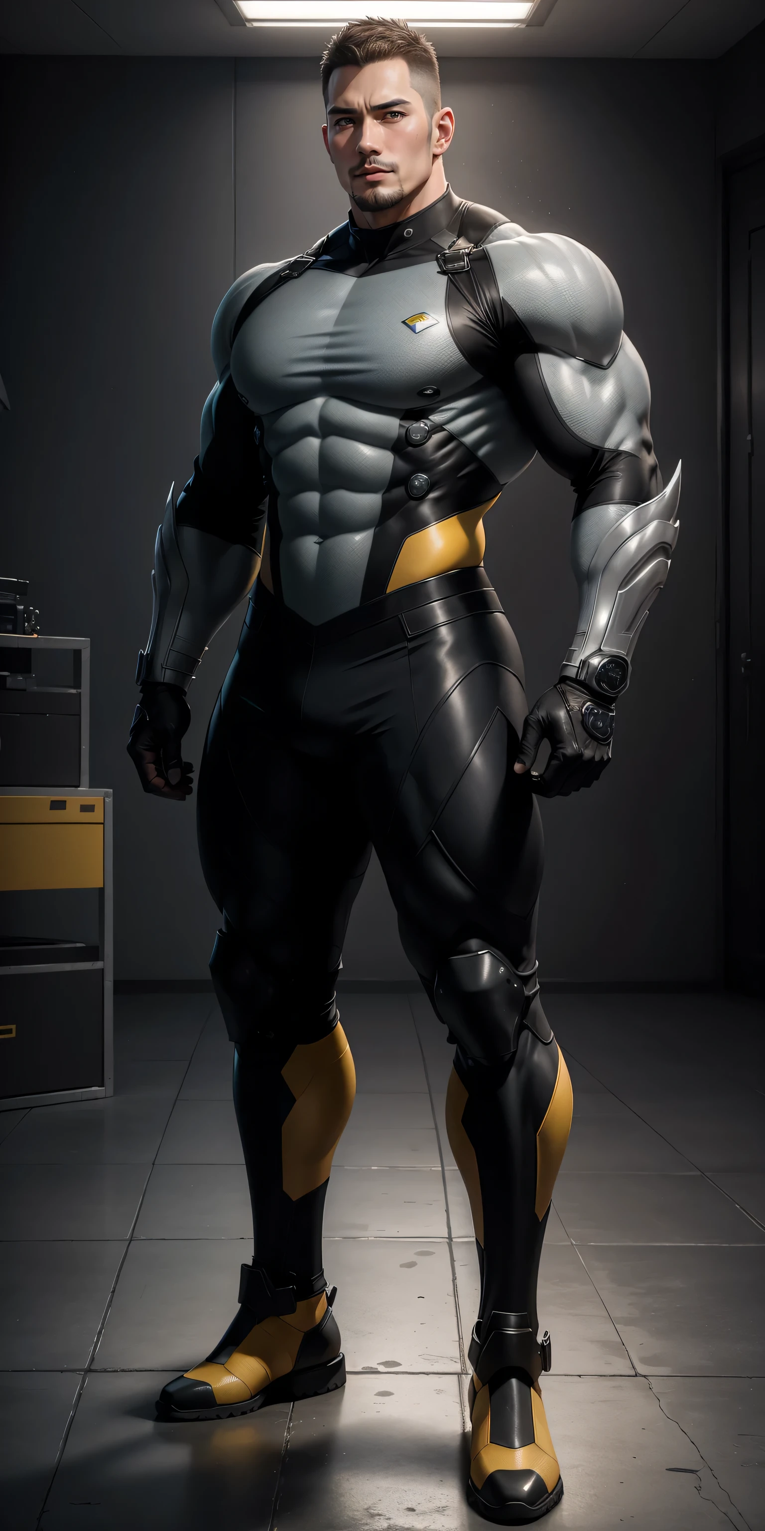 Tall giant muscular police officer,Yellow-gray honeycomb network pattern nano mecha,Extra Archangel Aurora Mechanical Wings,戴mechanical sunglasses,character concept(Resident Evil - chris redfield,chris redfield)senior police officer,mechanical sunglasses,regular symmetrical texture pattern,sad expression,Deep and charming eyes,Emerald Eyes Hero,heroic male pose,高大burly,muscular!Charming leg muscles,High, burly, Heqiang, Super gain and cool, high resolution committee, Yellow gray ultra-thin nano mechanical boots for big feet,Charming strong man,The bright sunshine is shining on you,matte particles,shiny texture