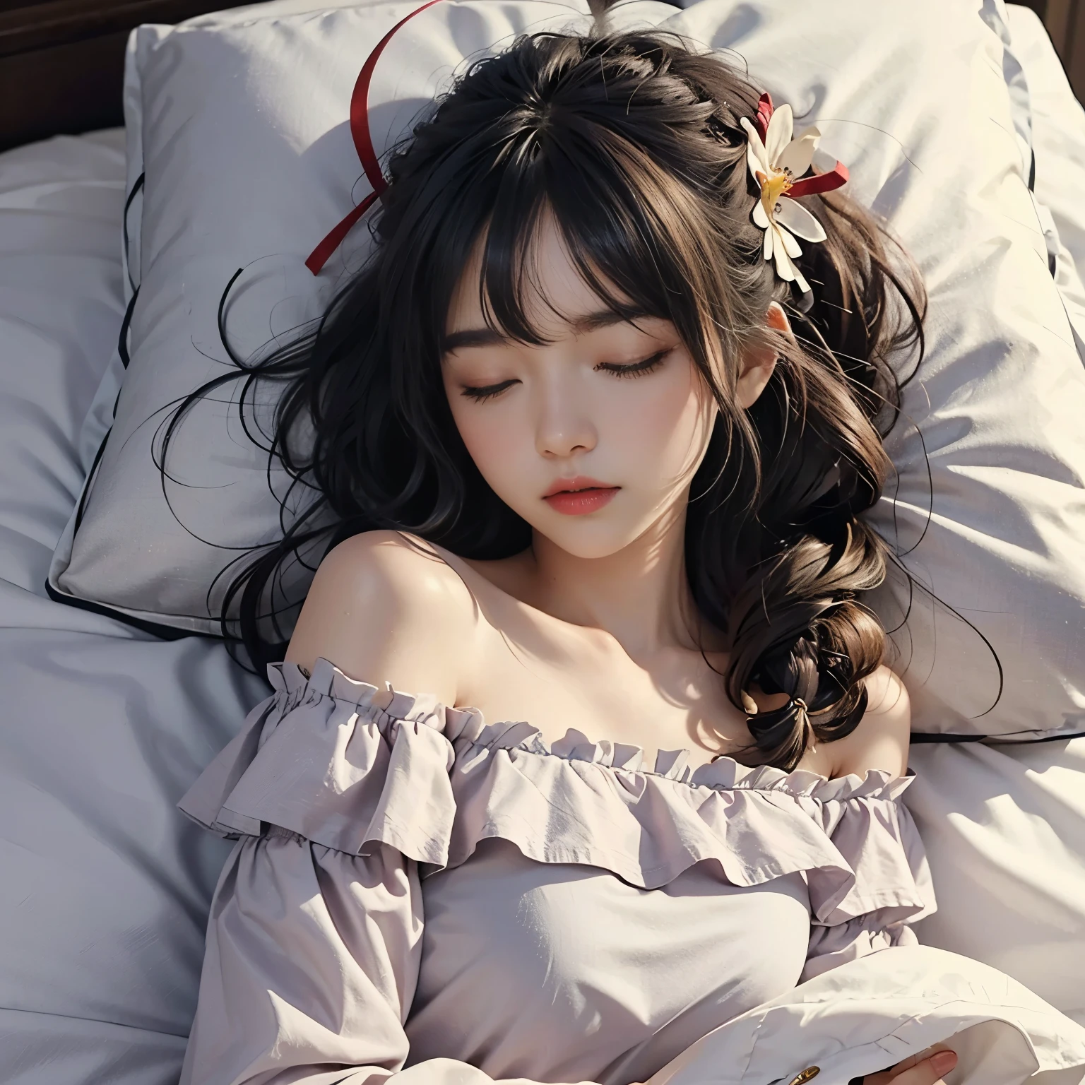 Sleeping, closed eyes, hair bang, ribbon hair pin, off shoulder dress, in bed, lovely, beautiful, flower