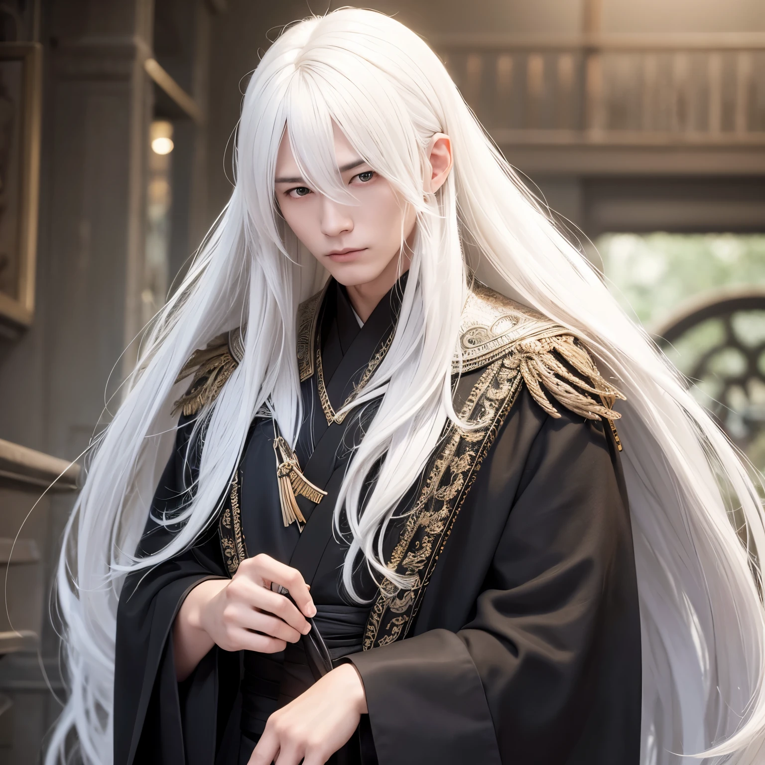 A man with platinum blonde hair and a black robe, Kenji Tan, with long white hair, long white hair, still from live action movie, Inspired by Matt Smith, fantasy movie still, live-action movie scenes, cloud-like white hair, The exquisite prince, Inspired by Seki Dosheng, screenshots from movies