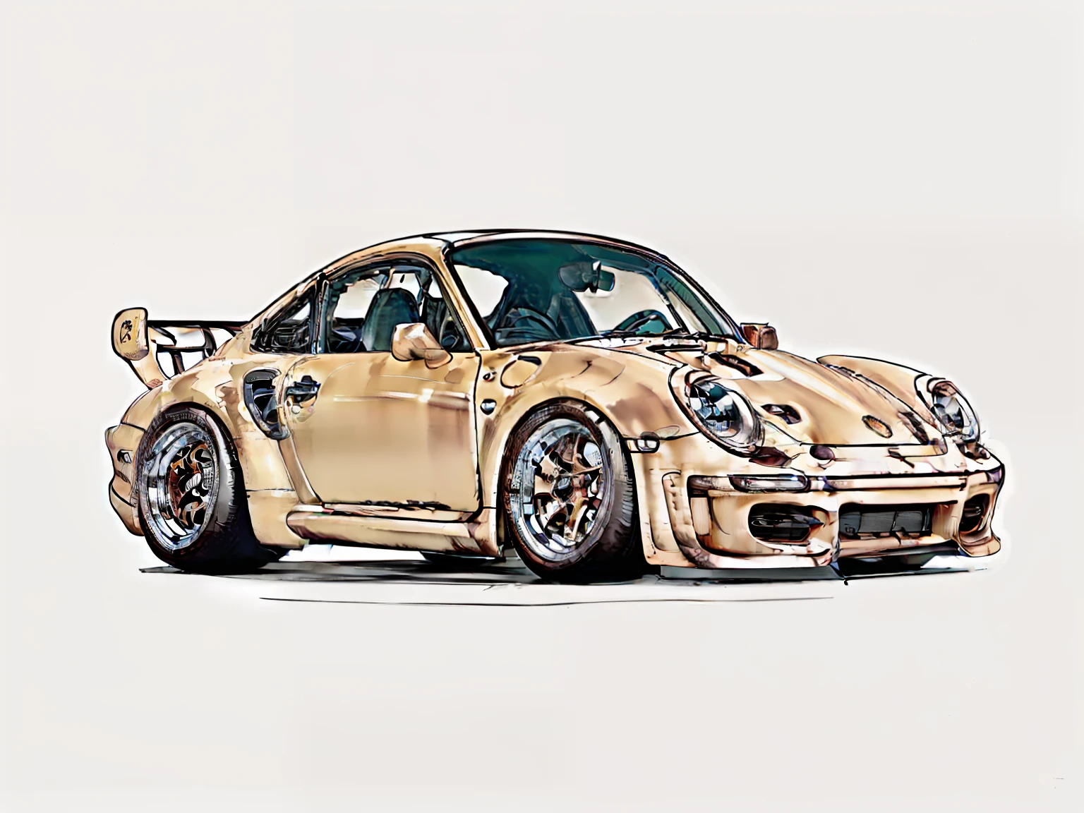 nvinkpunk, painting of a city with a metallic brown colored Porsche 911 rwb rotting,wide bodykit, large wheels, high quality