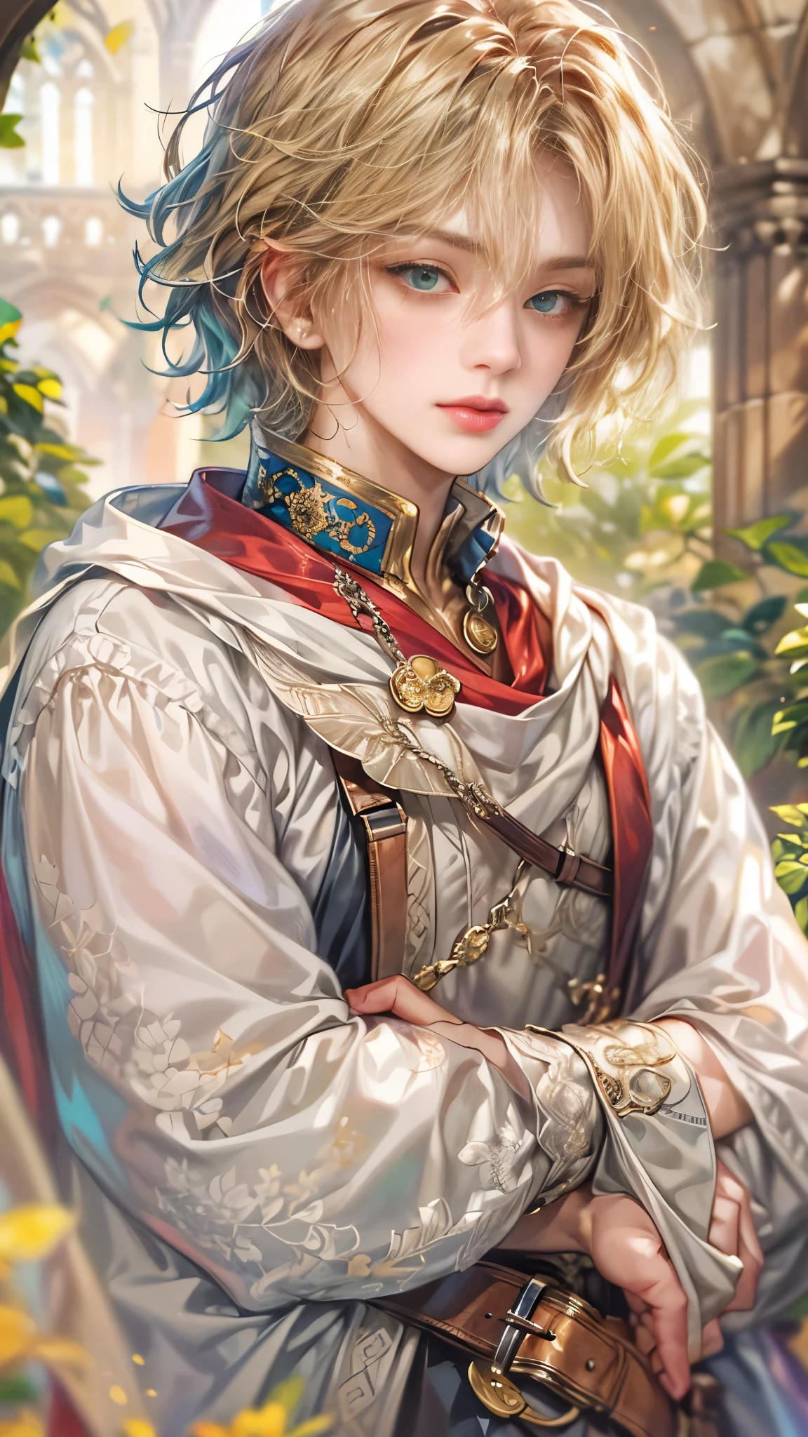 (absurdres, highres, ultra detailed, HDR), masterpiece, Intricate details,best quality picture of a character from Octopath Traveler, handsome teen boy with random Hair color between peach, apricot, periwinkle, cream, red, blue, green, orange, yellow, or purple, anime eyes, Hero Outfit showing Chest with cape in a random color, detailed outside garden cathedral scenery, detailed character, art kenouji