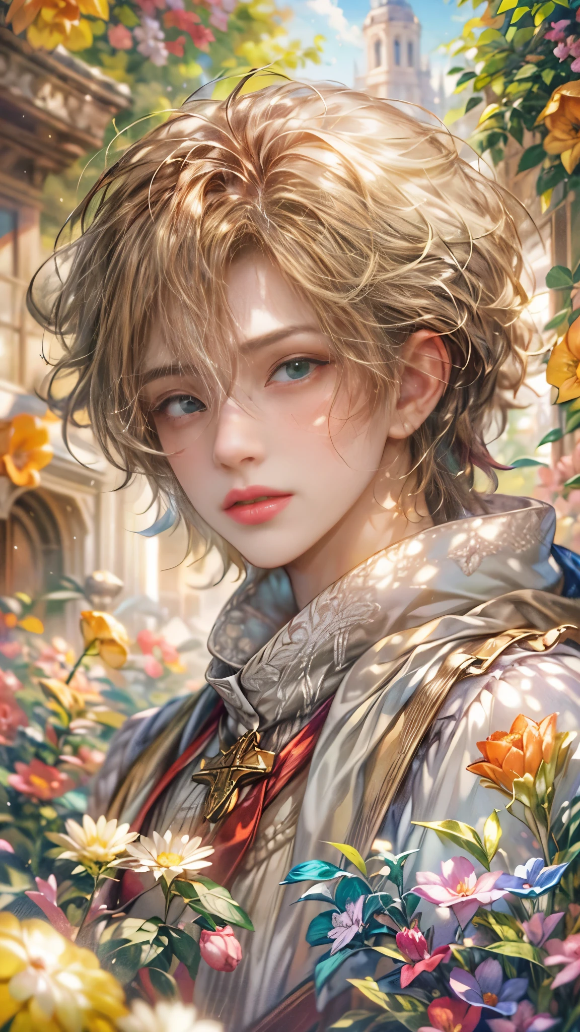 (absurdres, highres, ultra detailed, HDR), masterpiece, Intricate details,best quality picture of a character from Octopath Traveler, handsome teen boy with random Hair color between peach, apricot, periwinkle, cream, red, blue, green, orange, yellow, or purple, anime eyes, Hero Outfit showing Chest with cape in a random color, detailed outside garden cathedral scenery, detailed character, art kenouji