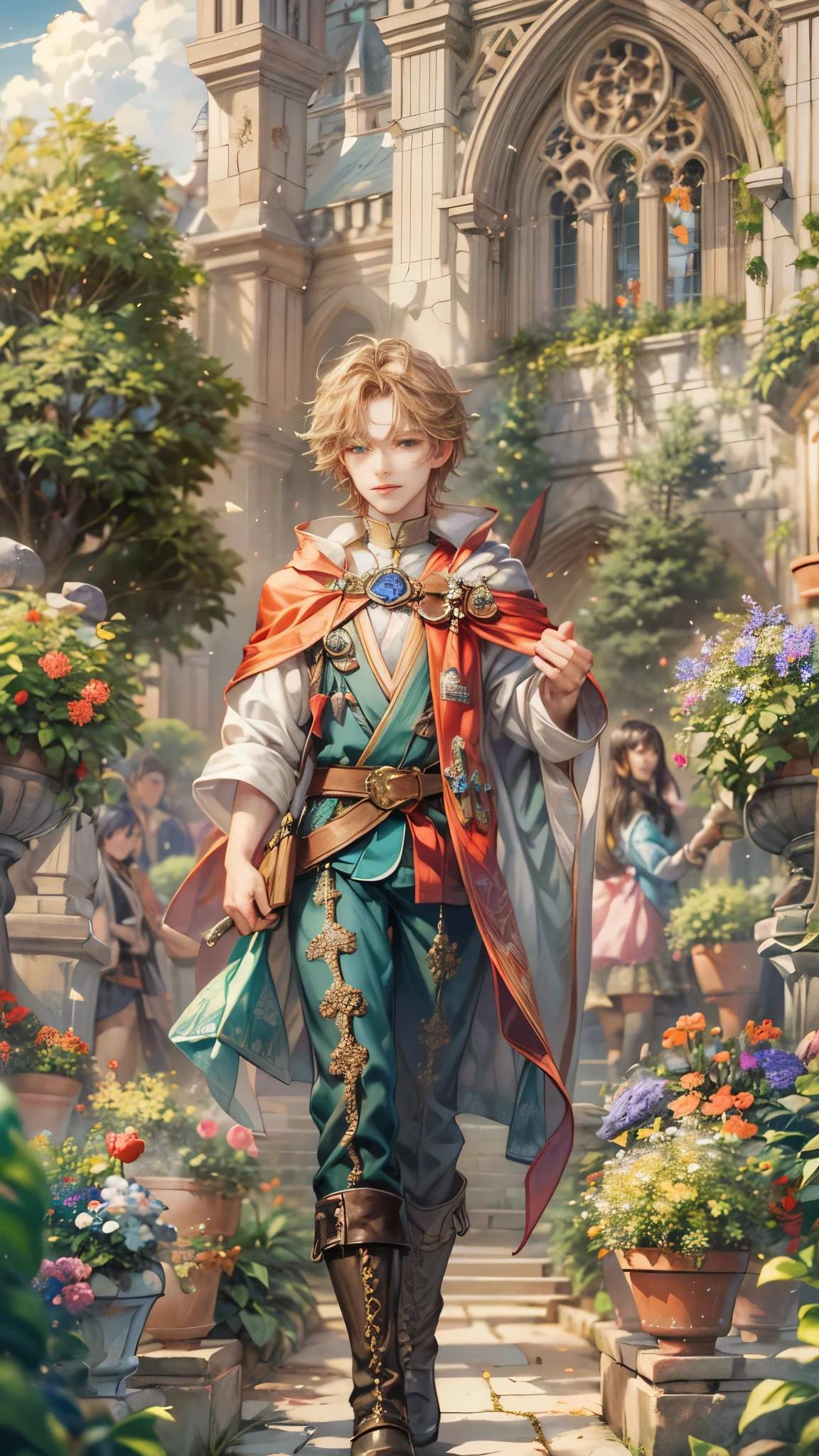 (absurdres, highres, ultra detailed, HDR), masterpiece, Intricate details,best quality picture of a character from Octopath Traveler, handsome  boy with random Hair color between peach, apricot, periwinkle, cream, red, blue, green, orange, yellow, or purple, anime eyes, Hero Outfit showing Chest with cape in a random color, detailed outside garden cathedral scenery, detailed character, art kenouji