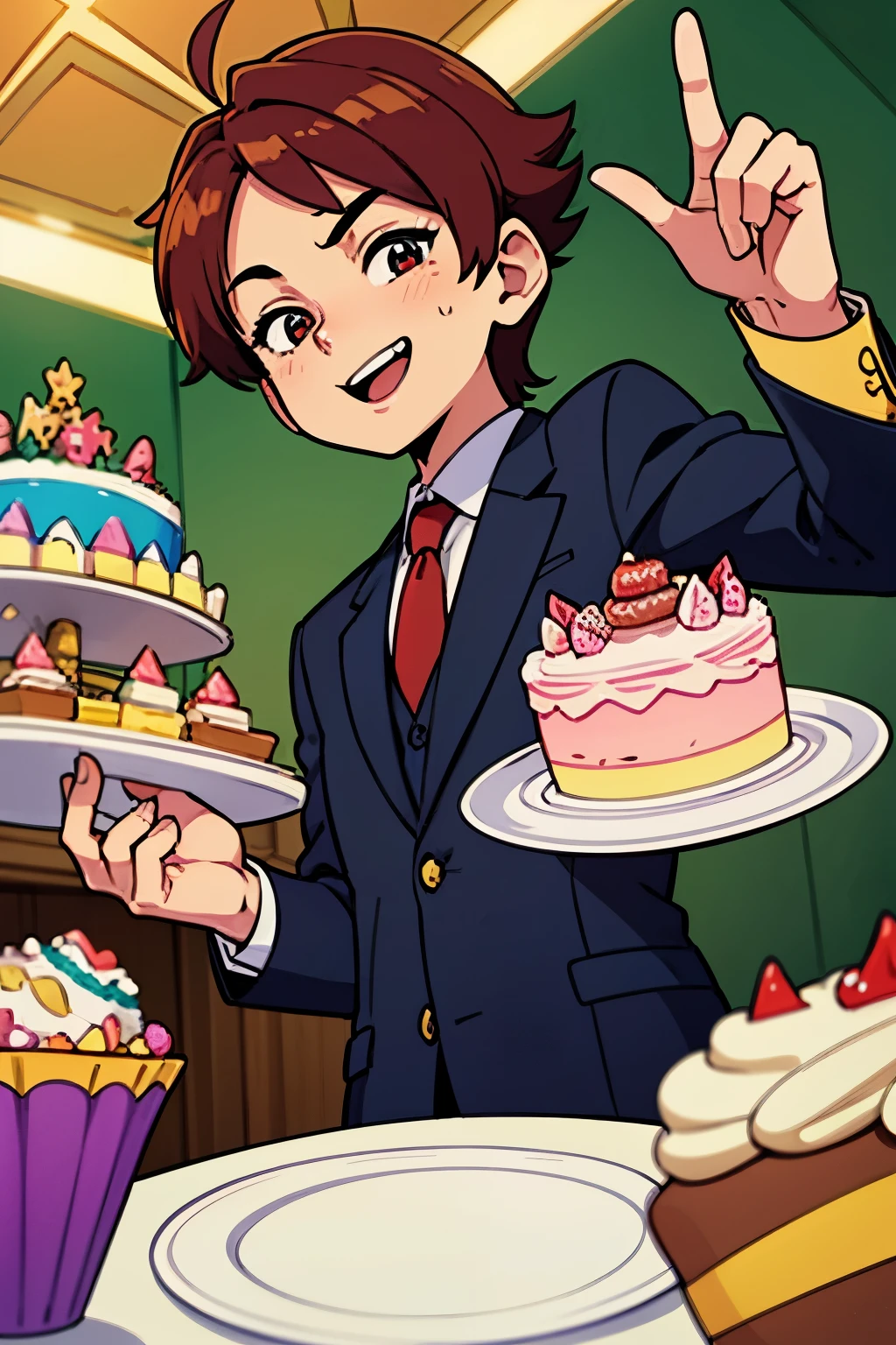 Boy, auburn hair, celebration, winking, bust up, lively background, birthday, suit, bee motif design, cool, mischievous, , overhead, cake in hand, anime style background, party venue,