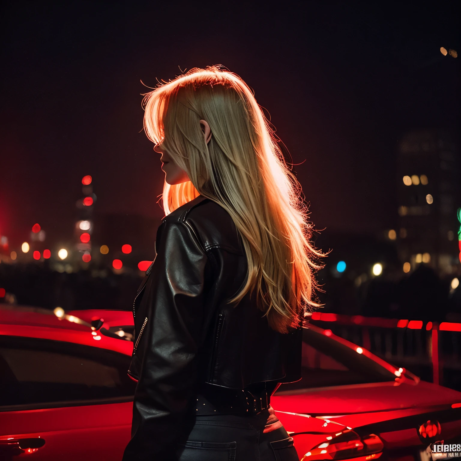 Masterpiece, Best Quality, 1girl, back_view, full_body, blonde_hair, long_hair, black_leather_jacket, red_belt, urban_night_background, face_censored, mobile_interface