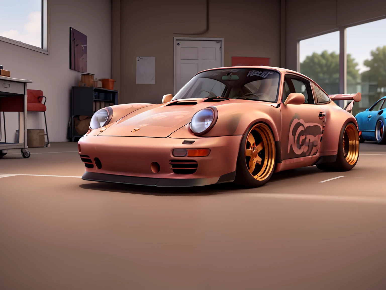 nvinkpunk, painting of a city with a metallic brown colored Porsche 911 rwb rotting,wide bodykit, large wheels, high quality
