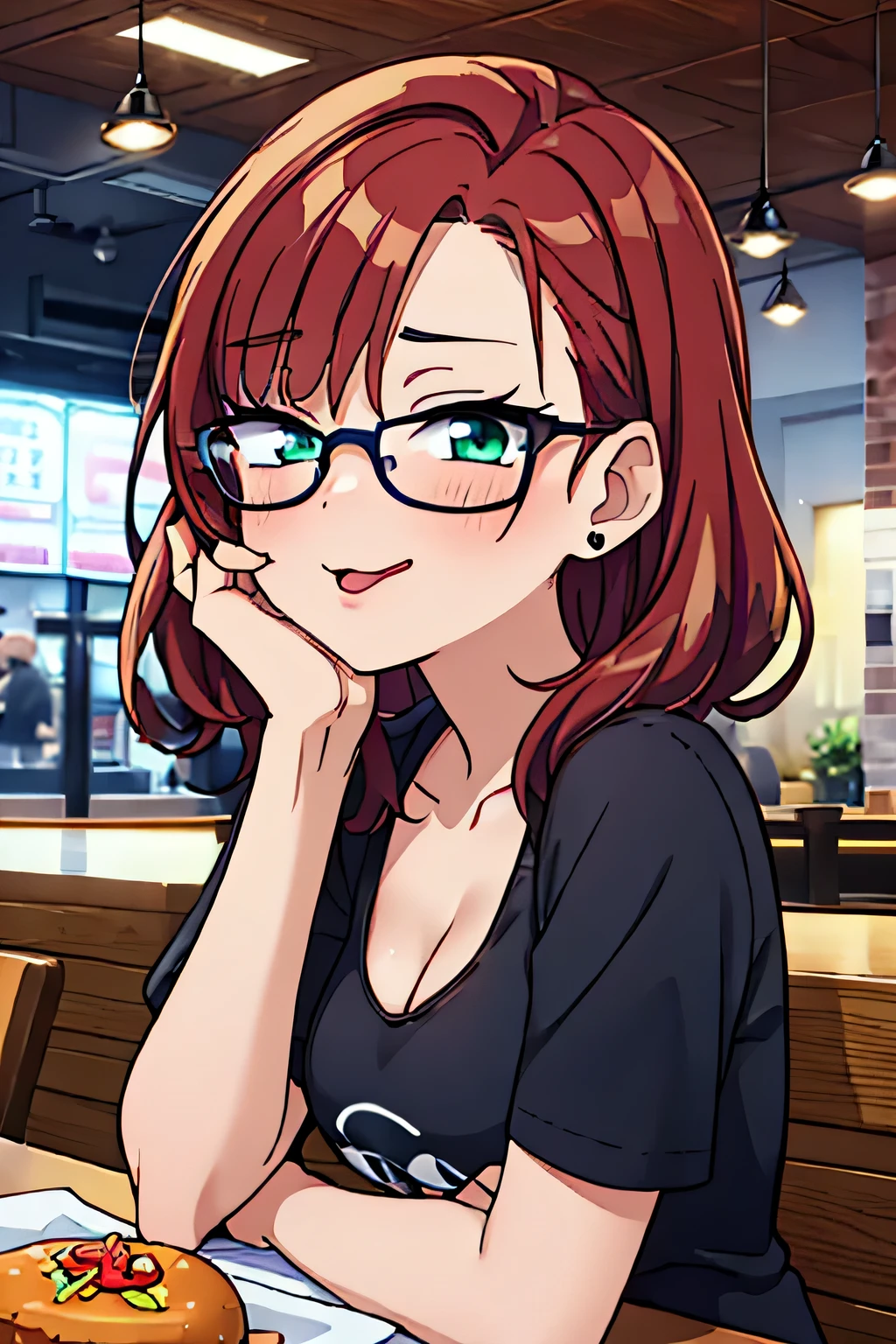 (masterpiece), best quality, expressive eyes, perfect face, short wavy red hair, , shortstack, black t-shirt, cleavage, black eyelashes, tongue out, face focus, untied hair, black glasses, freckles, green eyes, blushing, fast food restaurant, face focus:1.3