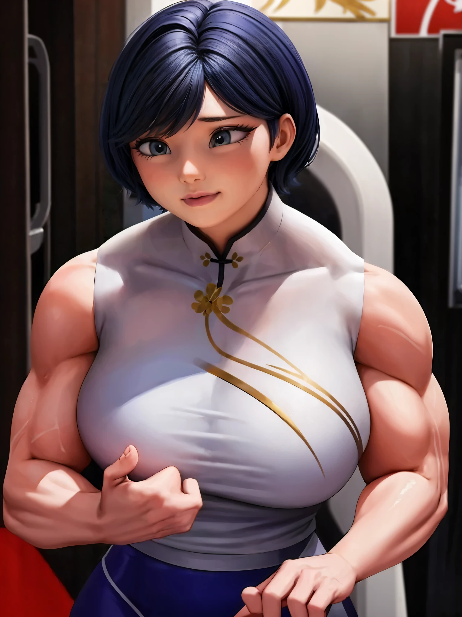 (masterpiece, best quality:1.2), 1girl, solo,dark blue hair,gray eyes, she wear's a white Cheongsam with a red, black and gold plant design, periwinkle pants and black and white dress shoes. She wears a silver band on her ring finger.muscular female bodybuilder, oil painting, strong and defined muscles, intense expression, confident pose, gym backdrop, sweat glistening on her skin, veins bulging, toned physique, powerful presence, professional lighting, vibrant colors, realism, extreme detail description, sharp focus, (best quality, 4k, highres, masterpiece:1.2), physically-based rendering, bodybuilding competition, intense workout, determination, dedication, muscular symmetry, fitness journey, weightlifting, athletics, ultra-fine painting, vibrant energy, bokeh, dynamic composition.