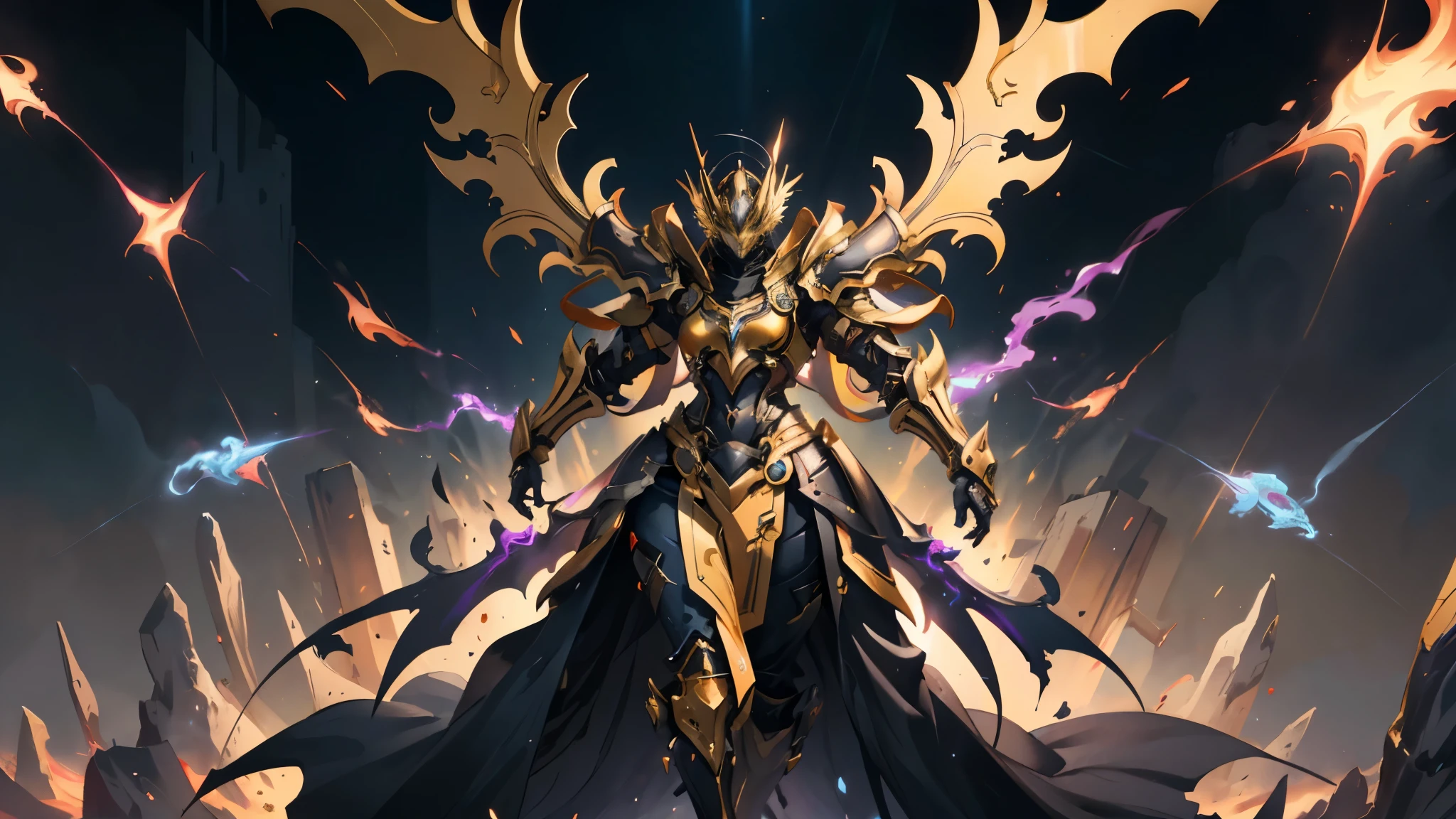 A woman adorned in fantasy-style full-body armor, a crown-concept fully enclosed helmet that unveils only her eyes, a composite layered chest plate, fully encompassing shoulder and hand guards, a lightweight waist armor, form-fitting shin guards, the overall design is heavy-duty yet flexible, ((the armor gleams with a golden glow, complemented by red and blue accents)), exhibiting a noble aura, she floats above a fantasy-surreal high-tech city, this character embodies a finely crafted fantasy-surreal style armored hero in anime style, exquisite and mature manga art style, (mixture of Queen bee and Spider concept Armor, plasma, blood), ((Element, energy, elegant, goddess, femminine:1.5)), metallic, high definition, best quality, highres, ultra-detailed, ultra-fine painting, extremely delicate, professional, anatomically correct, symmetrical face, extremely detailed eyes and face, high quality eyes, creativity, RAW photo, UHD, 32k, Natural light, cinematic lighting, masterpiece-anatomy-perfect, masterpiece:1.5