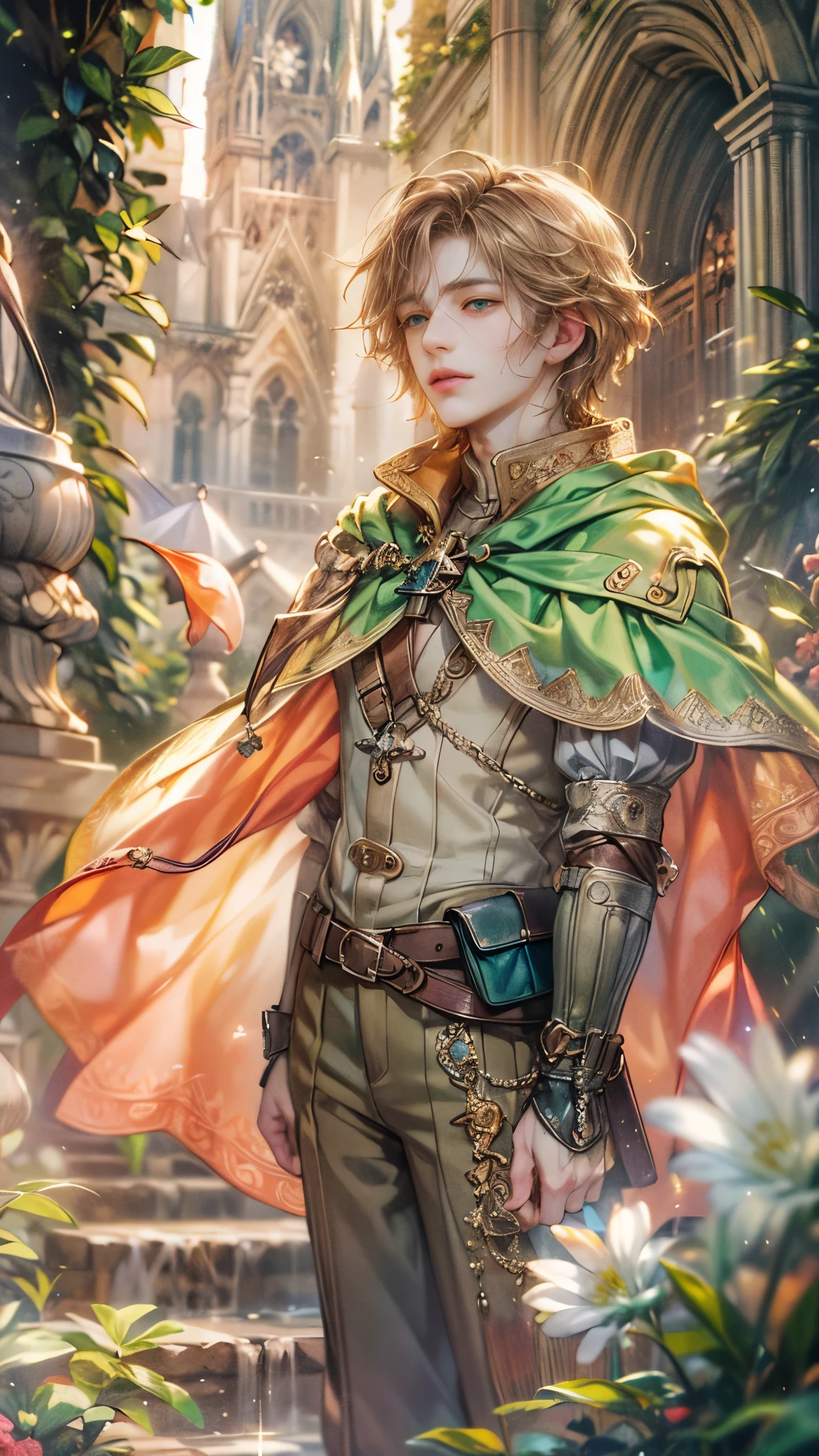 (absurdres, highres, ultra detailed, HDR), masterpiece, Intricate details,best quality picture of a character from Octopath Traveler, handsome adult boy with random Hair color between peach, apricot, periwinkle, cream, red, blue, green, orange, yellow, or purple, anime eyes, Hero Outfit showing Chest with cape in a random color, detailed outside garden cathedral scenery, detailed character, art kenouji