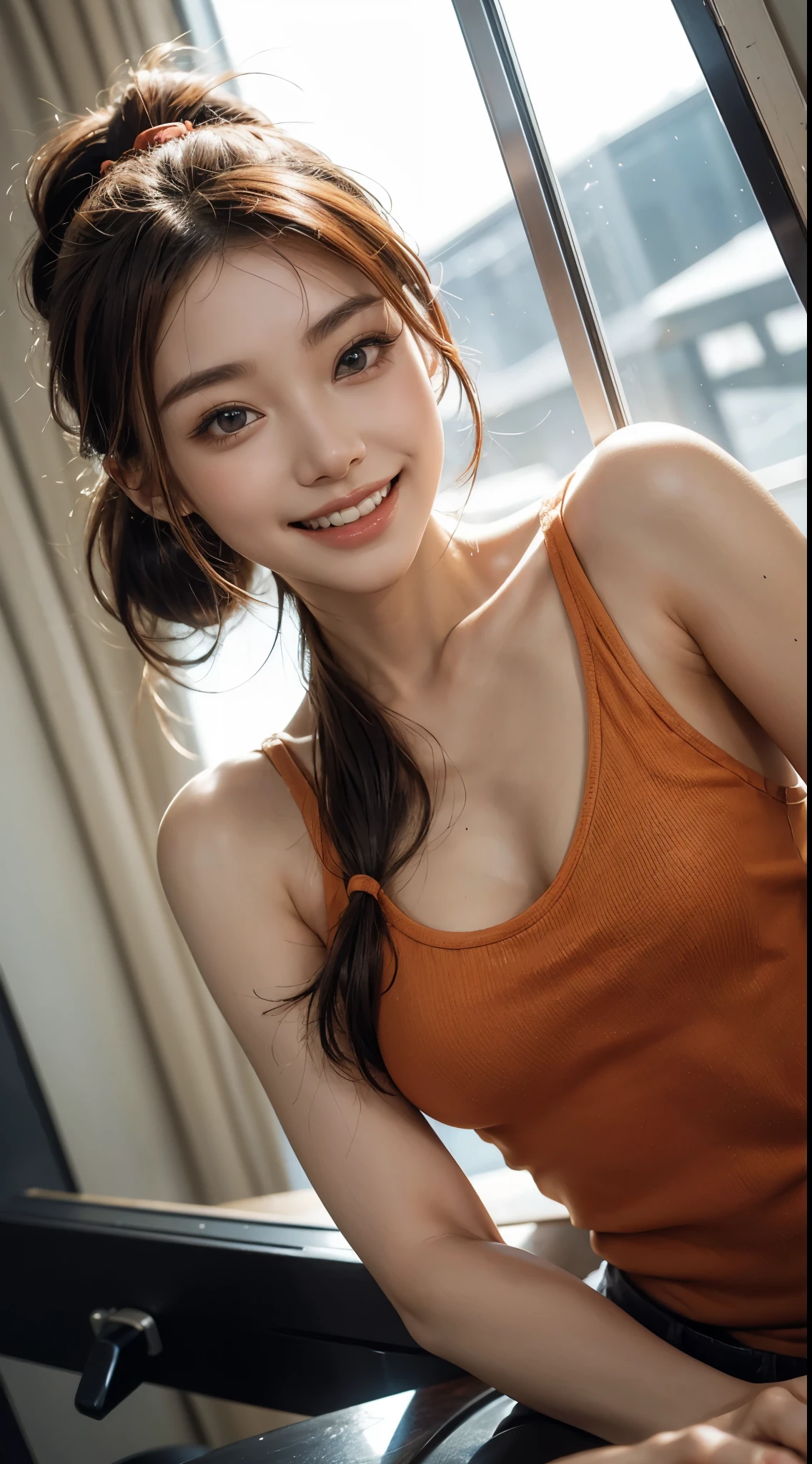 highest quality、8k、32K,smile showing teeth、((close:1.3)),cute japanese girl、1 girl、((ponytail))、profile、Medium chest,beautiful feet,(slim body shape:1.2)、(lips) 、(orange hair)、double eyelid、shiny skin、realistic rays of light、big、beautiful face、(laughter:1.3),(from below:1.2)、(close:1.4),Bright terrace,black chibi t-shirt、blurred background、(front focus)、realistic、professional lighting、highly detailed face、award-winning、deep shadow、((Ultra-realistic raw photos)),fine eyes,Eyes like the real thing,thin hair,