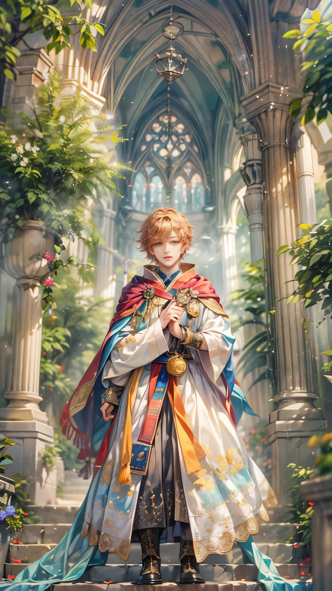 (absurdres, highres, ultra detailed, HDR), masterpiece, Intricate details,best quality picture of a character from Octopath Traveler, handsome adult boy with random Hair color between peach, apricot, periwinkle, cream, red, blue, green, orange, yellow, or purple, anime eyes, Hero Outfit showing Chest with cape in a random color, detailed outside garden cathedral scenery, detailed character, art kenouji