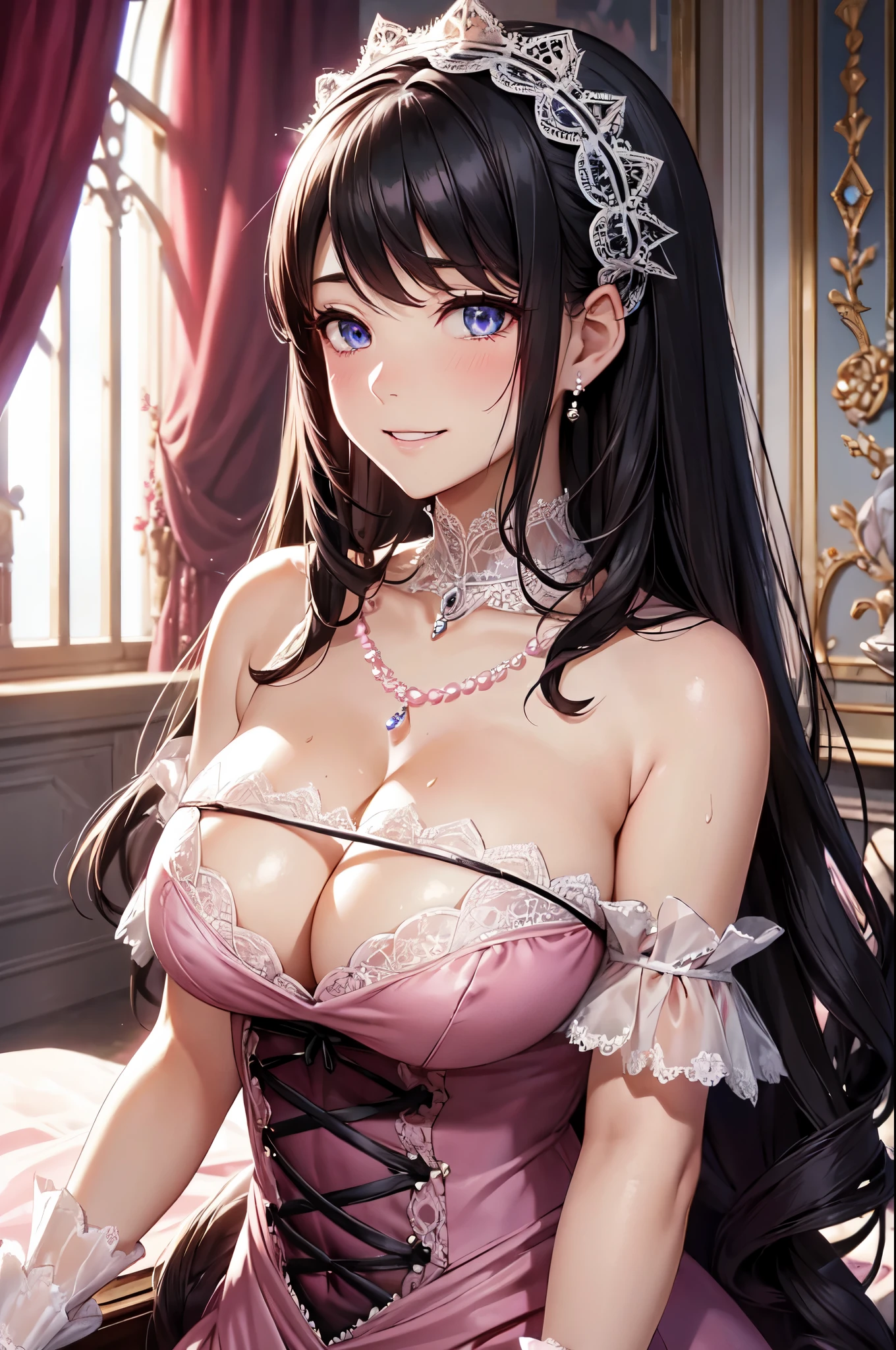 (High quality, High resolution, Fine details), BREAK (pink gothic dress:1.2), fine lace details, pinched waist, delicate lace gloves, pearl necklace, hauntingly beautiful background, thick velvety curtains, ornate room, gothic elements, victorian era aesthetics, subtle gothic makeup, enchanted garden setting, fading daylight, soft breeze, alluring and captivating, solo, curvy women, BREAK black hair, sparkling eyes, (Detailed eyes:1.2), grin, blush, Sweat, porcelain skin, shallow depth of field