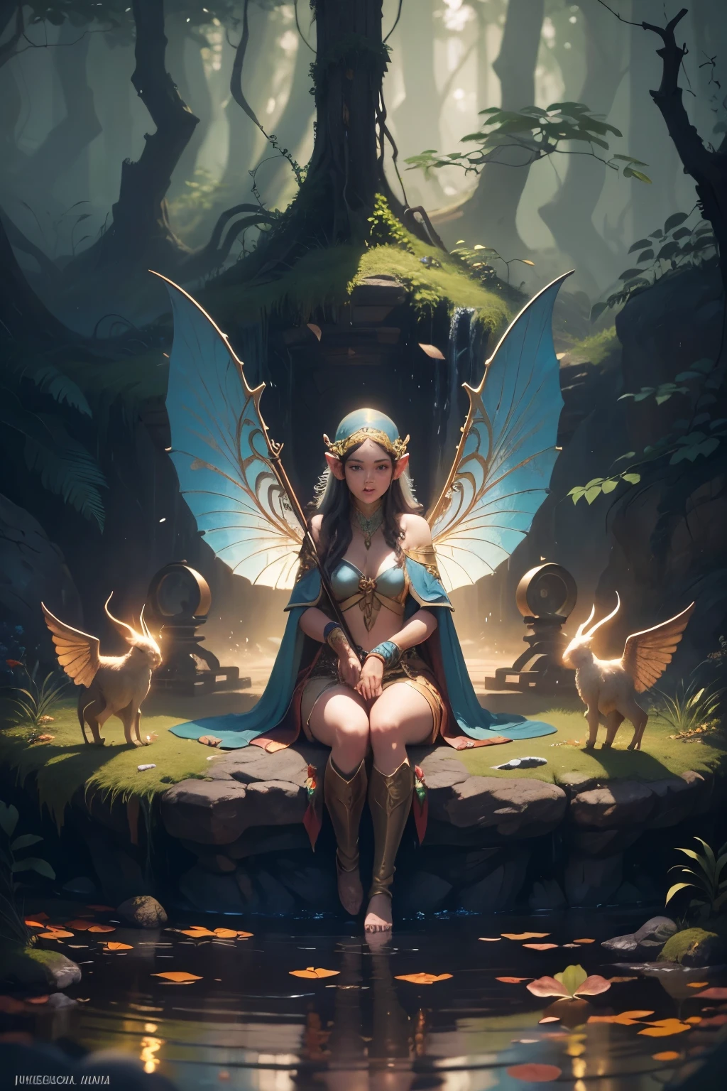 Elf girl guarding the fountain of youth, skimpy silk like gaussian robe and shin guards, 24k resolution, professional oil paint artist, highly detailed, hyperdetailed, bordering on photorealism, fantasy art style of Keith Parkinson