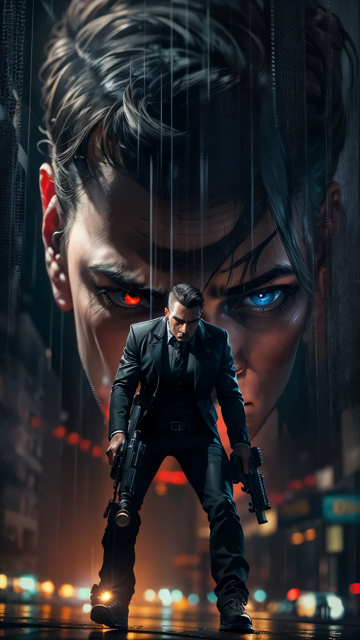 (a man with a gun:1.1) (intensely focused gaze, piercing eyes) (detailed facial features, defined nose and lips) (menacing atmosphere) (dark shadows and dramatic lighting) (high contrast:1.1) (gritty texture) (intense and suspenseful:1.1) (action-packed) (dynamic composition) (cinematic vibe) (shallow depth of field) (dramatic bokeh) (film noir style) (dark and moody color palette) (captivating and mysterious) (nighttime setting) (urban backdrop) (rain-soaked streets) (tense and suspenseful atmosphere:1.1) (emotional impact) (intense storytelling) (provocative and thought-provoking) (striking and impactful) (masterpiece:1.2), (high resolution:4k), (realistic:1.37), (professional)