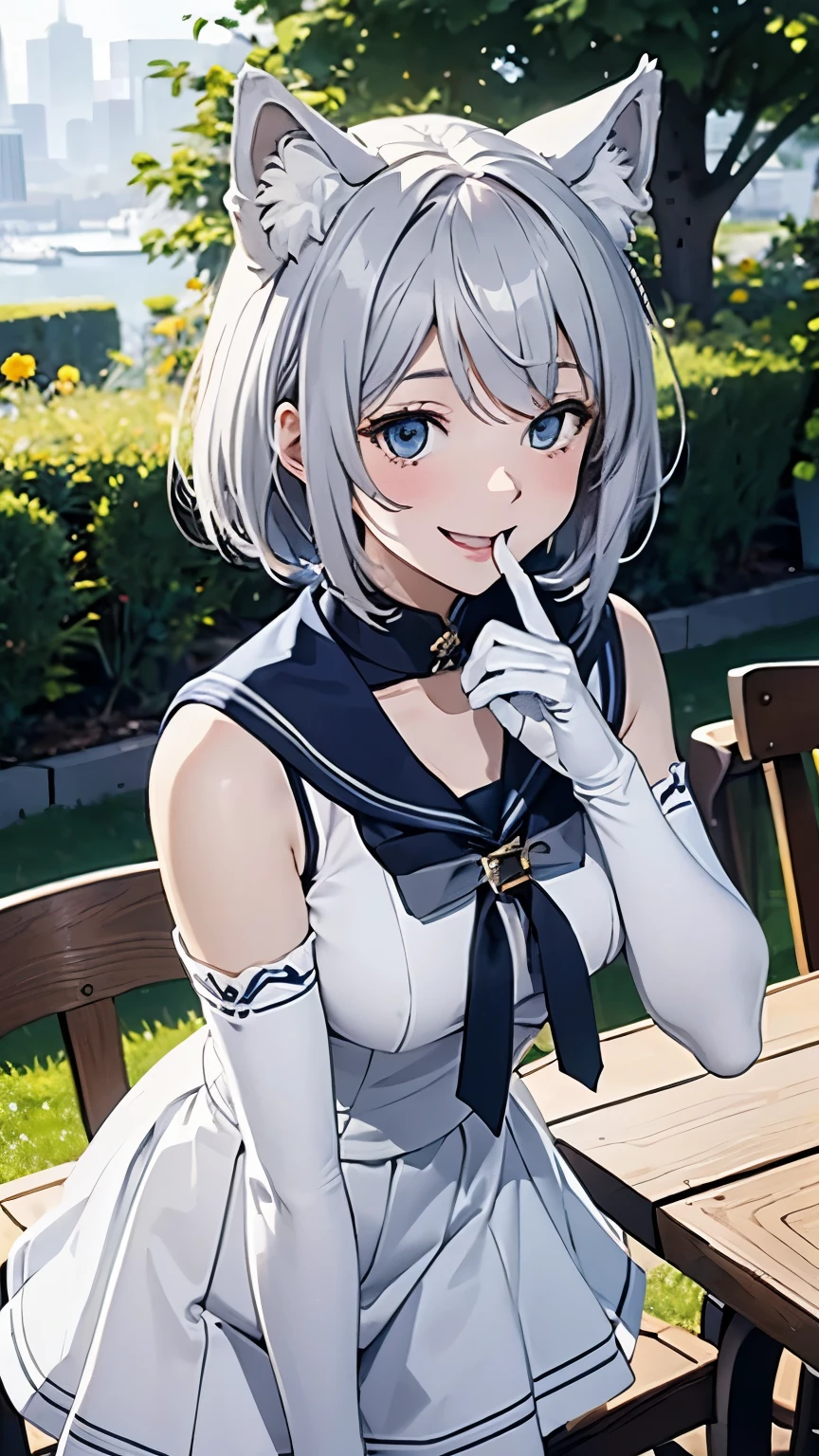 table top　High level image quality　best image quality　8k　 adult woman　portrait　white long gloves（elbow gloves）　pure white pantyhose　sailor suit（sleeveless）　white wolf ears　short hair（（shortcut）（gray hair）（perm）（fluffy））　eye color is blue　seductive face（（laughter）（smile）（open your mouth））　Are standing　garden
