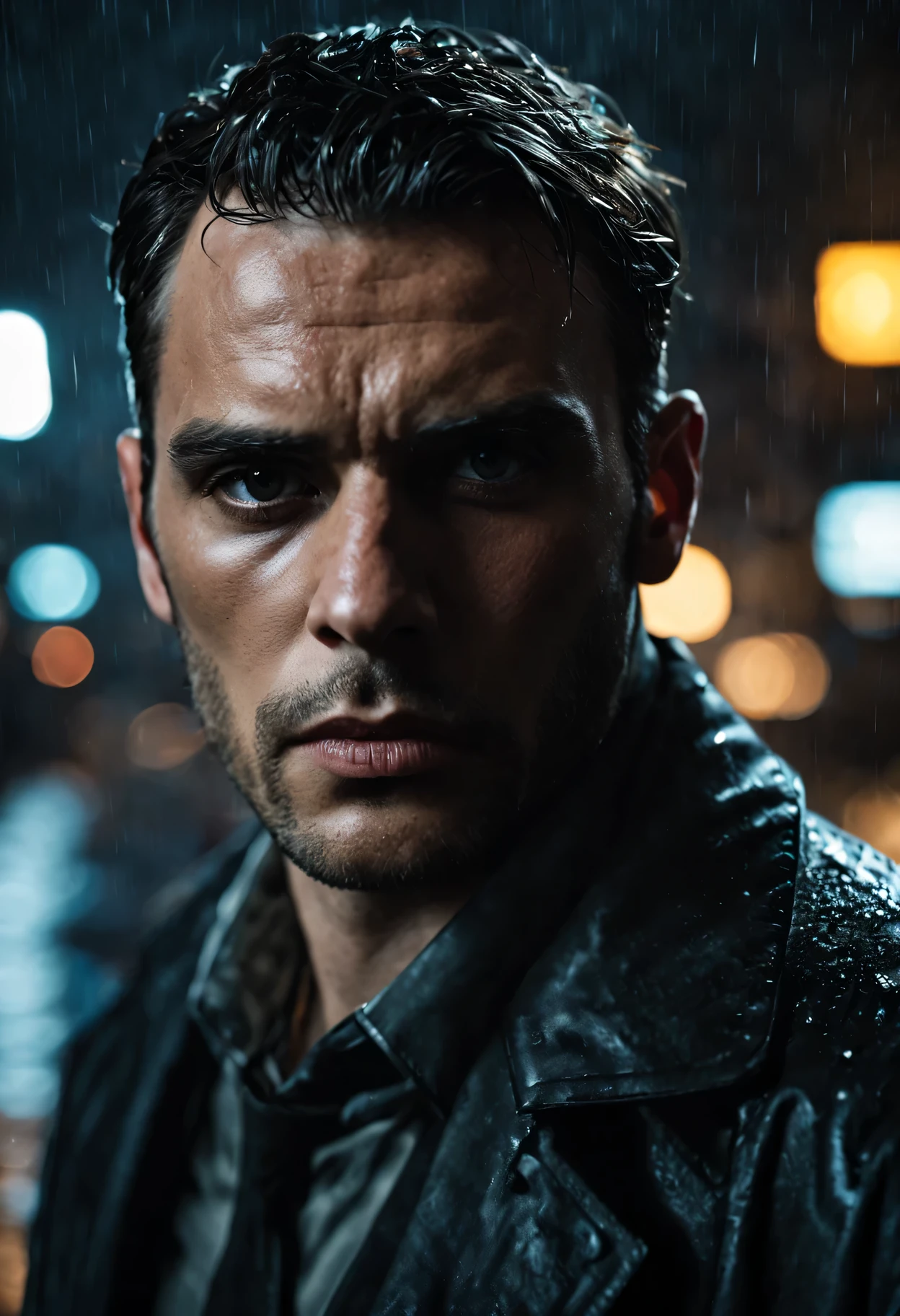 (a man with a gun:1.1) (highly concentrated gaze, sharp eyes) (Detailed facial features, Well-defined nose and lips) (sinister atmosphere) (Dark shadows and dramatic lighting) (high contrast:1.1) (tough texture) (tense and suspenseful:1.1) (Action packed) (dynamic composition) (movie atmosphere) (shallow view deep) (dramatic bokeh) (film noir style) (Dark and moody color palette) (Charming and mysterious) (night setting) (city background) (Streets soaked by rain) (Tension and suspense atmosphere:1.1) (emotional impact) (Intense storytelling) (Thought provoking) (Eye-catching and impactful) (masterpiece:1.2), (high resolution:4k), (actual:1.37), (professional)