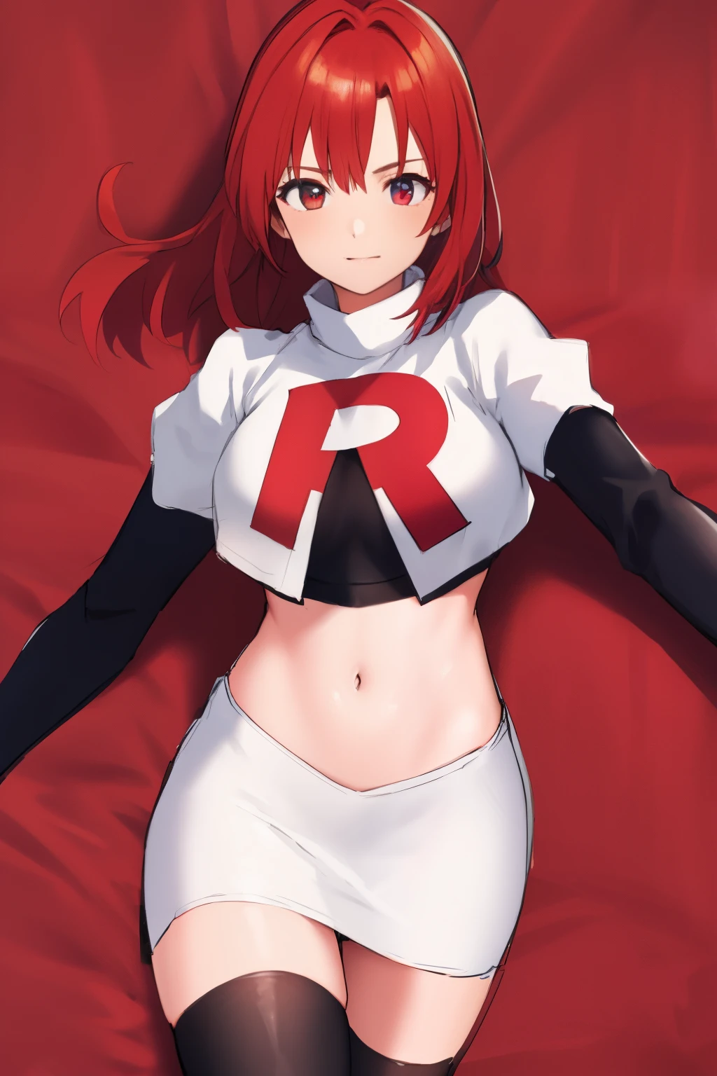 masterpiece, high-detail, sketch, reginaDC, regina, dino crisis, 1girl, female, athletic woman, young, team rocket,team rocket uniform, red letter R, white skirt,white crop top,black thigh-highs,black elbow gloves