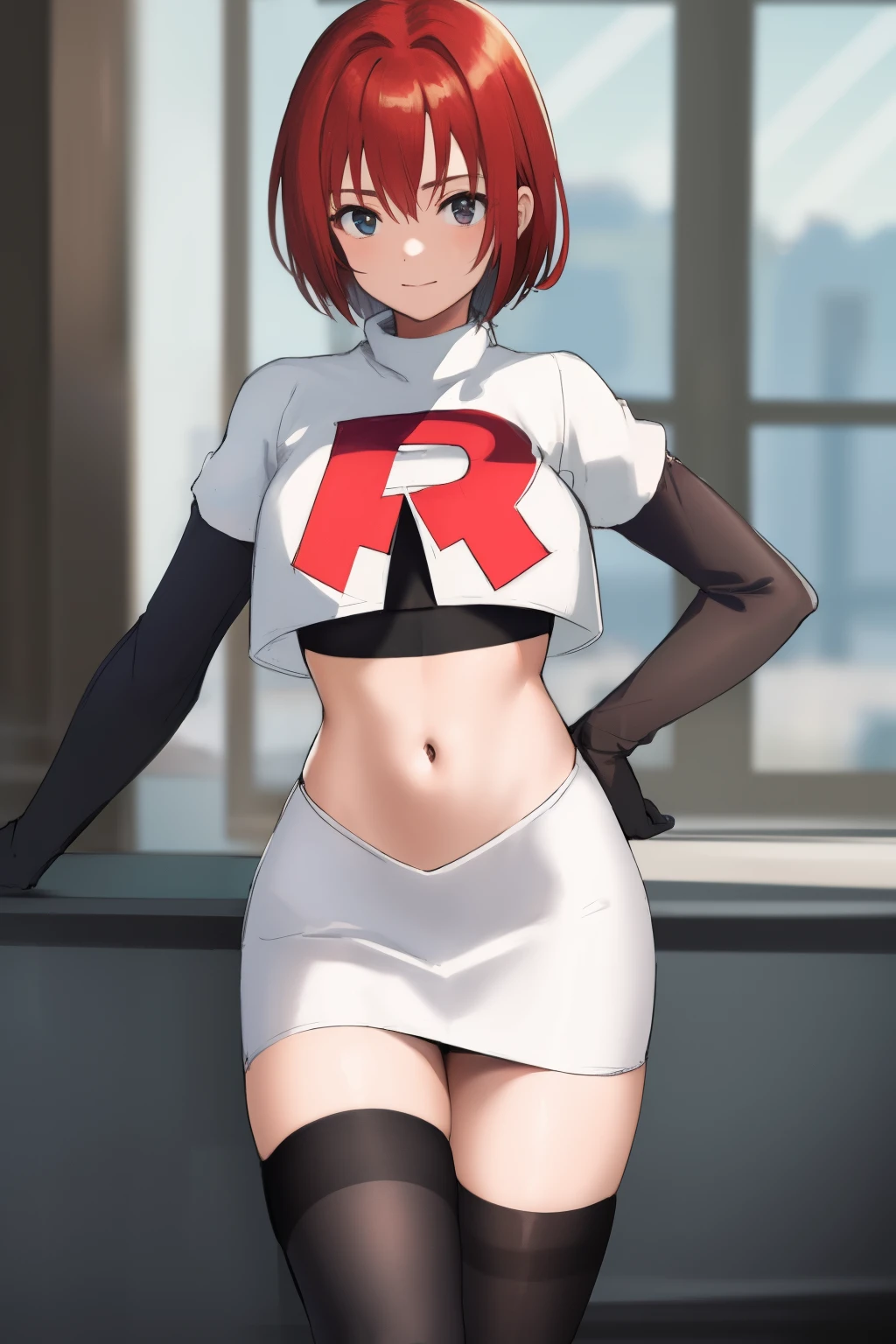 masterpiece, high-detail, sketch, reginaDC, regina, dino crisis, 1girl, female, athletic woman, young, team rocket,team rocket uniform, red letter R, white skirt,white crop top,black thigh-highs,black elbow gloves