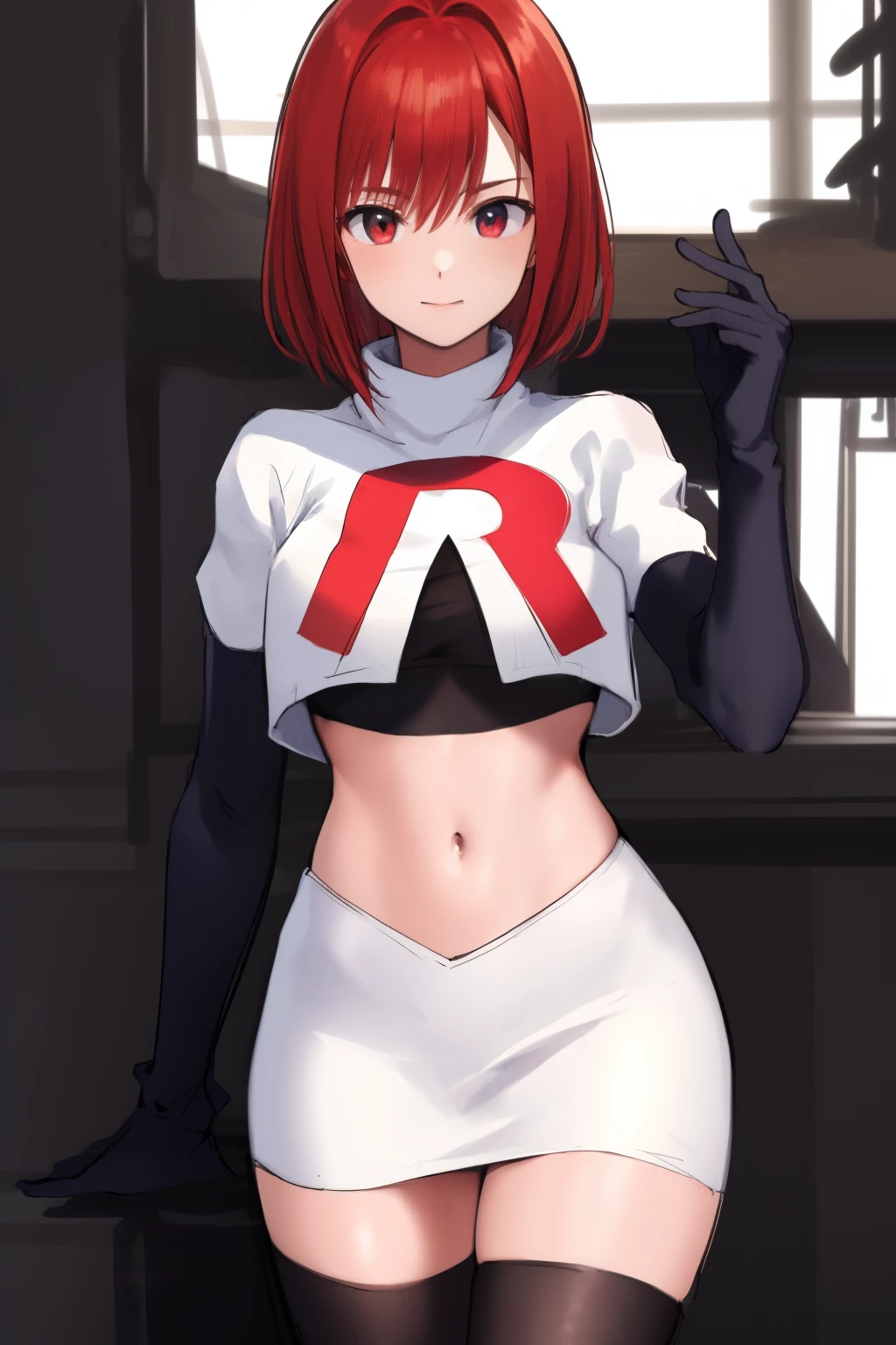 masterpiece, high-detail, sketch, reginaDC, regina, dino crisis, 1girl, female, athletic woman, young, team rocket,team rocket uniform, red letter R, white skirt,white crop top,black thigh-highs,black elbow gloves