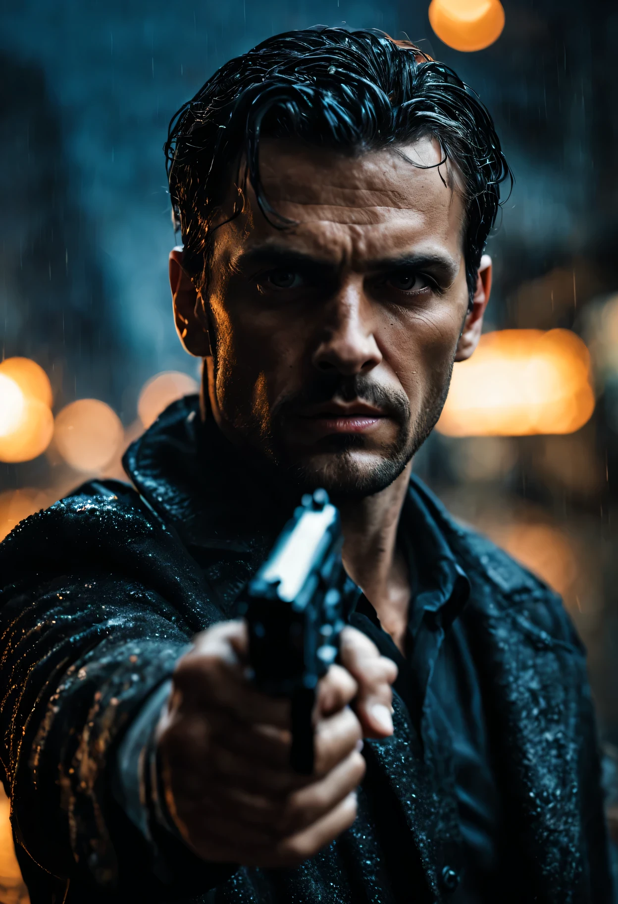 (a man with a gun:1.1) (highly concentrated gaze, sharp eyes) (Detailed facial features, Well-defined nose and lips) (sinister atmosphere) (Dark shadows and dramatic lighting) (high contrast:1.1) (tough texture) (tense and suspenseful:1.1) (Action packed) (dynamic composition) (movie atmosphere) (shallow view deep) (dramatic bokeh) (film noir style) (Dark and moody color palette) (Charming and mysterious) (night setting) (city background) (Streets soaked by rain) (Tension and suspense atmosphere:1.1) (emotional impact) (Intense storytelling) (Thought provoking) (Eye-catching and impactful) (masterpiece:1.2), (high resolution:4k), (actual:1.37), (professional)