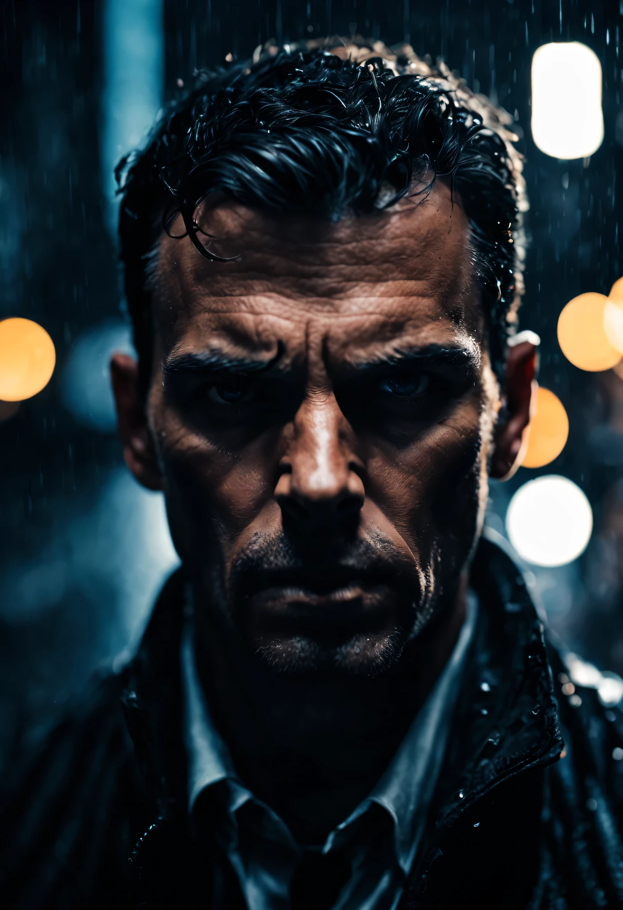 (a man with a gun:1.1) (highly concentrated gaze, sharp eyes) (Detailed facial features, Well-defined nose and lips) (sinister atmosphere) (Dark shadows and dramatic lighting) (high contrast:1.1) (tough texture) (tense and suspenseful:1.1) (Action packed) (dynamic composition) (movie atmosphere) (shallow view deep) (dramatic bokeh) (film noir style) (Dark and moody color palette) (Charming and mysterious) (night setting) (city background) (Streets soaked by rain) (Tension and suspense atmosphere:1.1) (emotional impact) (Intense storytelling) (Thought provoking) (Eye-catching and impactful) (masterpiece:1.2), (high resolution:4k), (actual:1.37), (professional)
