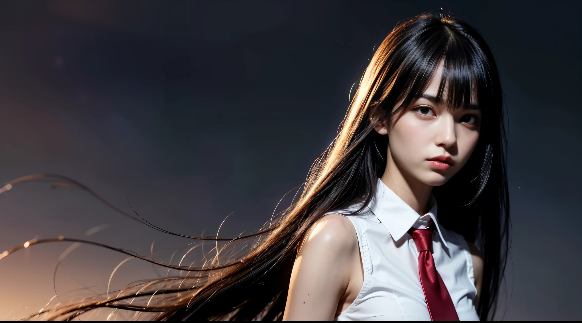 pretty, young, girl, long hair, black hair, (((red eyes))), bangs, (dark shirt), sleeveless, white collar, red tie, small breast, black gloves, black skirt, upper body, white skin, 18 year old, beauty, 1 girl, slender, extremely beautiful face, exquisite face, intimidating look