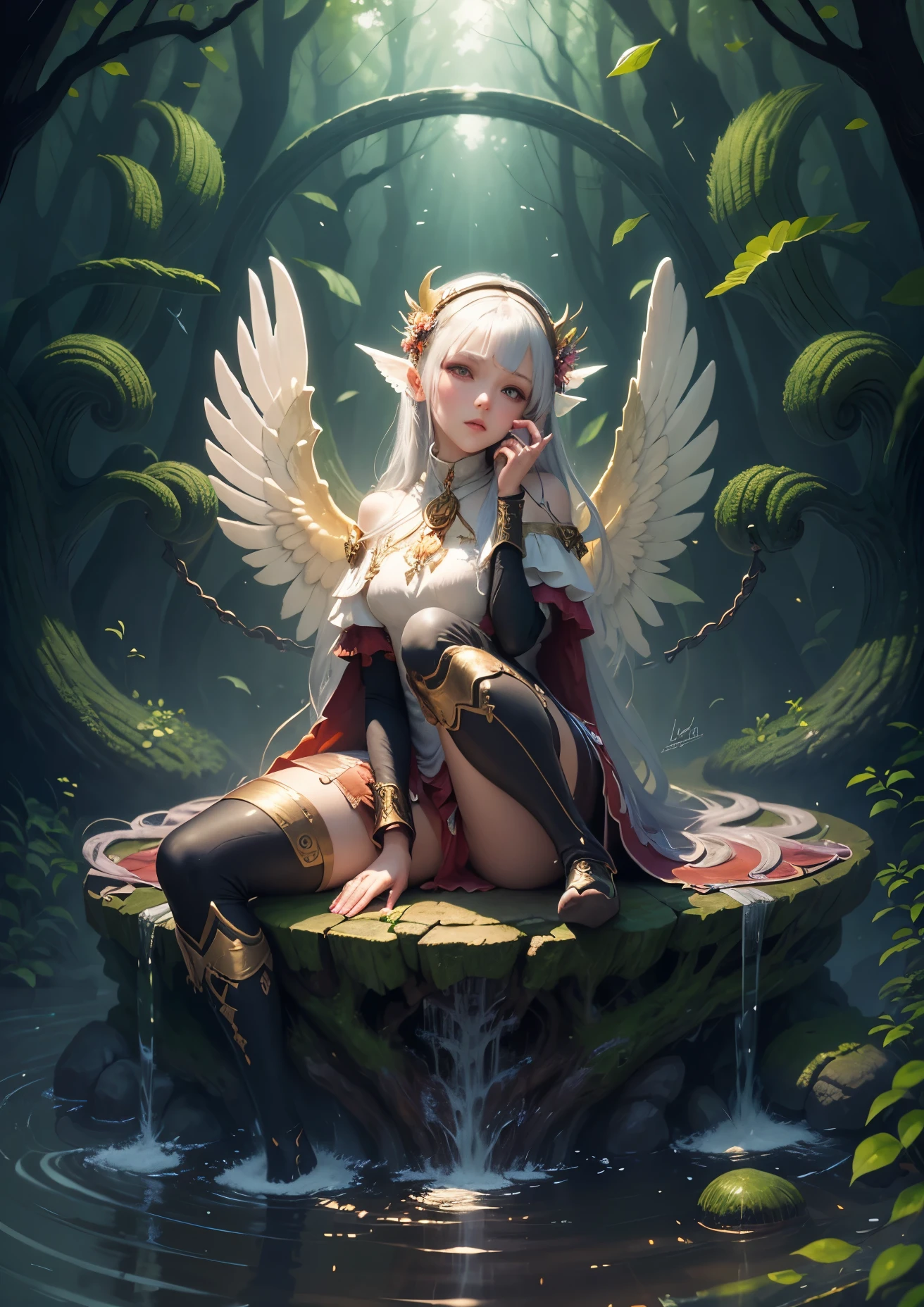 "((Enchanting)) forest scene, ethereal girl with ((translucent wings)), bubbling creek, magical, surreal, golden hour, ((dreamlike)) atmosphere, vibrant colors, fantasy painting",priestess,nodf_lora,More Detail