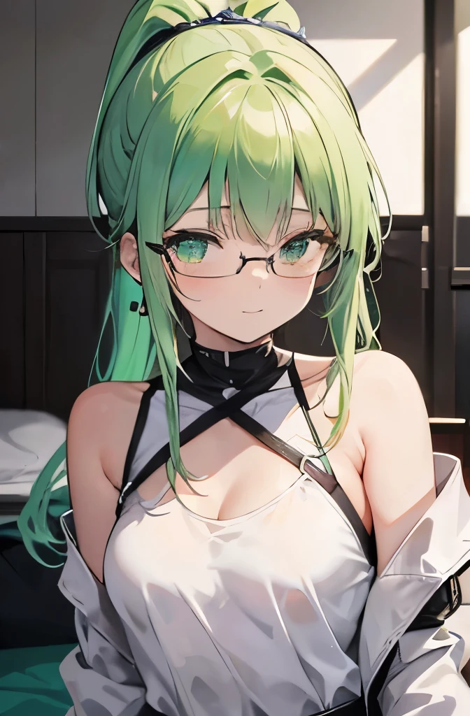 light green middle hair、pale green eyes、ponytail、private server、shoulder off knit、on the futon、from front、、small breasts、smiling、glasses、arms raised、dunes、I'm stretching my back