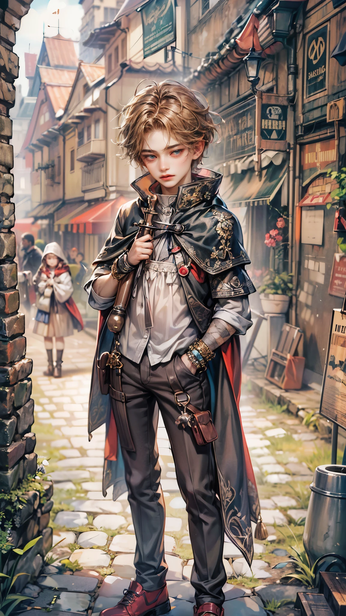 (absurdres, highres, ultra detailed, HDR), masterpiece, Intricate details,best quality picture of a character from Octopath Traveler, handsome teen boy with original Hair color, tim burton style, anime eyes, see through Outfit showing Chest with cape in a random color, detailed town scenery, detailed character, art kenouji