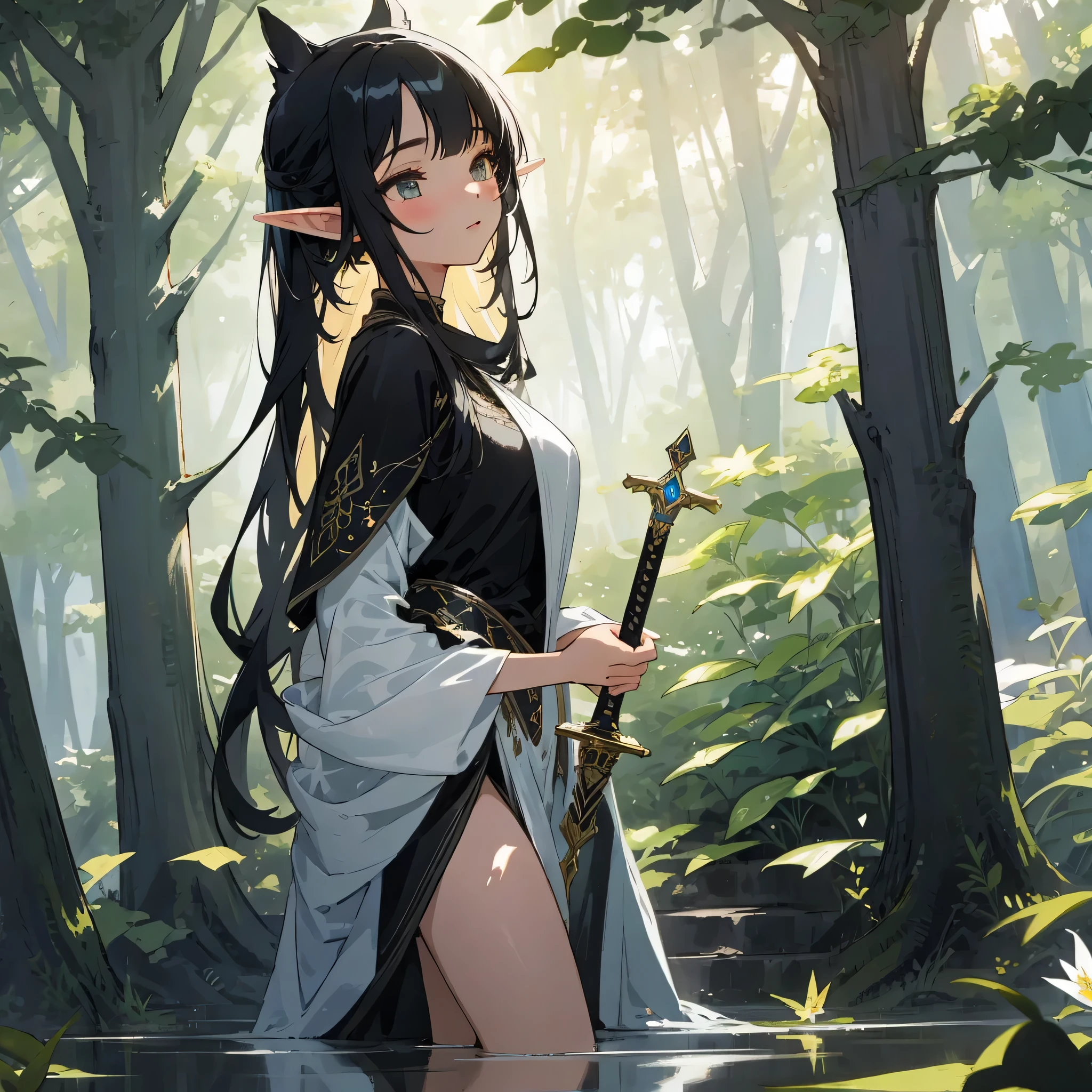 Create a mesmerizing artwork cover for the musical composition titled 'Wandering Spirit.' The Fullbody captivating artwork features a captivating girl with elf-like ears, Half tone cute, gazing enchantingly over her shoulder towards the viewer. She has a lovestruck expression and tender pose, holding an ethereal sword in her hand, intricate details reflecting her mystical nature. The scene is set amidst a lush, vibrant forest background with soft render and pastel animation colors, evoking a sense of whimsy and enchantment. The girl's features are perfection, with perfect eyes and a perfect face, radiating ethereal beauty. She has sleek black hair cascading down her back, and she wears black and white clothing, adding to the contrast and allure of her appearance. The sword she wields emanates a soft, ethereal glow, symbolizing her inner strength and journey of self-discovery. The setting is an enchanted forest, filled with blooming flowers and dappled sunlight, adding to the magical atmosphere. The artwork subtly incorporates sensuality, with elegant poses and sensual details enhancing the girl's attire and posture. This artwork is a masterpiece, perfectly capturing the enchanting spirit of the musical composition 'Wandering Spirit.'
