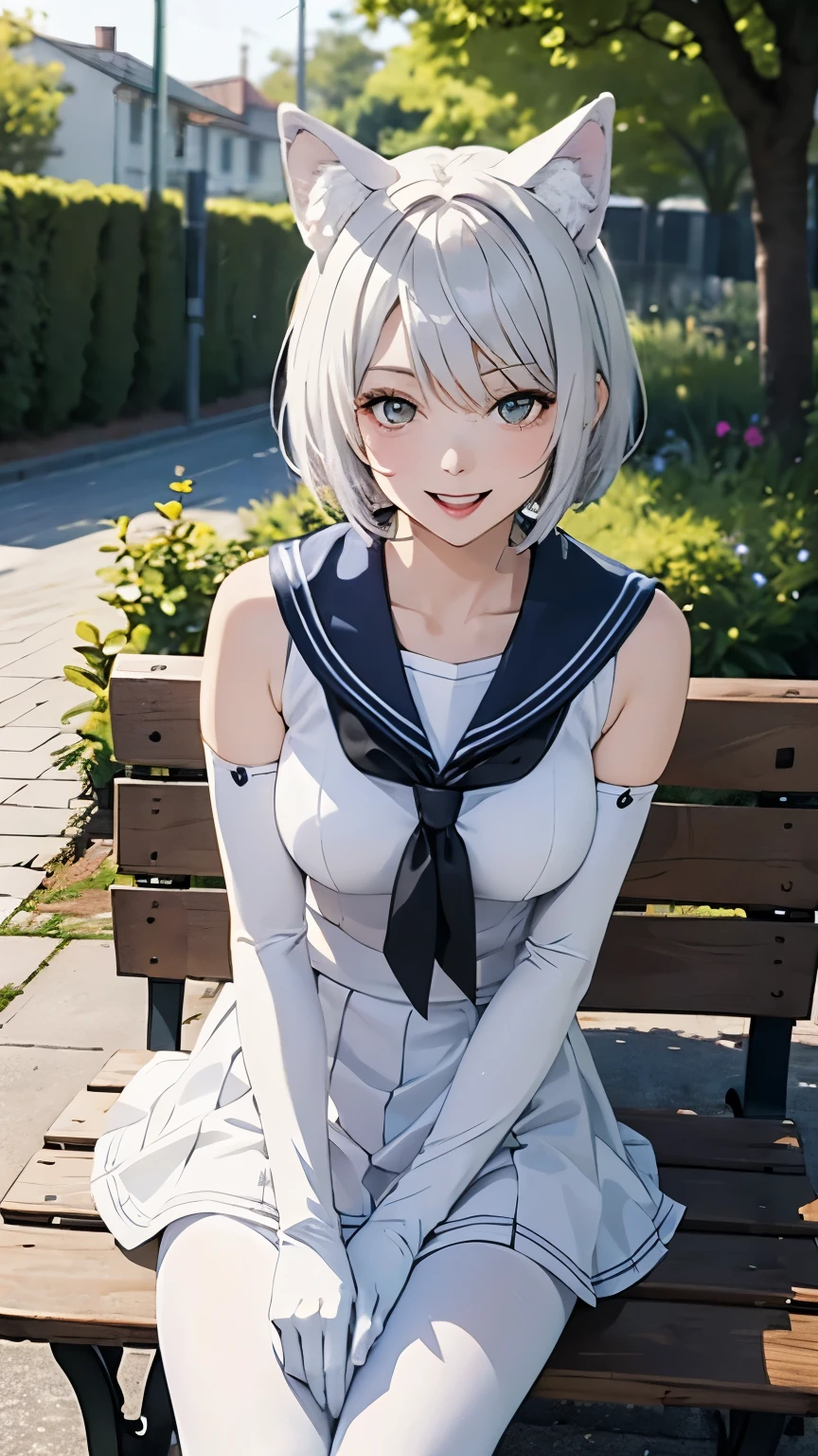 table top High level image quality best image quality 8k adult woman portrait white long gloves(elbow gloves) white pantyhose sailor suit(sleeveless) white wolf ears short hair((shortcut)(gray hair)(perm)(fluffy)) eye color is blue seductive face((laughter)(smile)(open your mouth)) sit on a bench garden Drawing picture