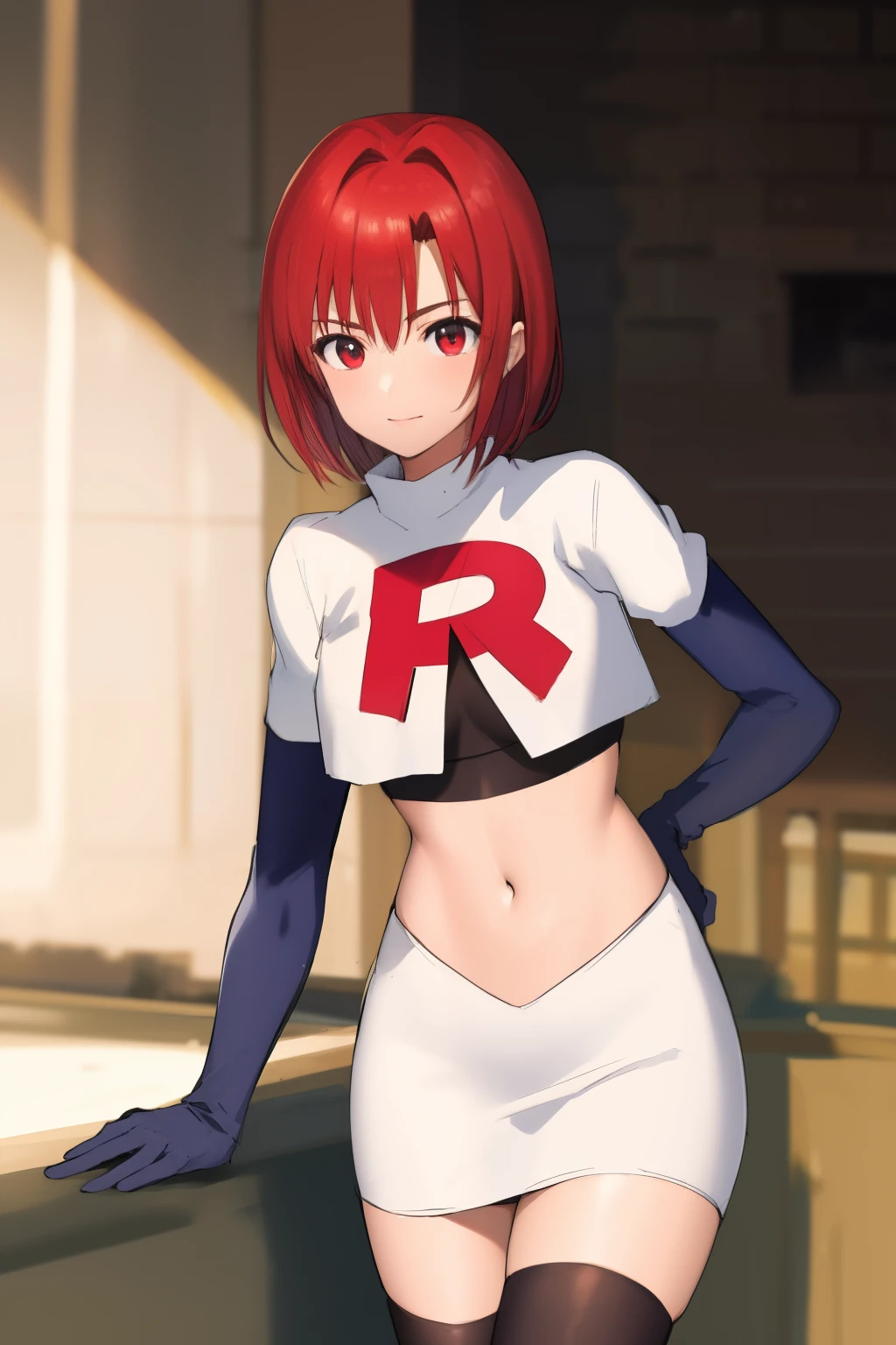 masterpiece, high-detail, sketch, reginaDC, regina, dino crisis, 1girl, female, athletic woman, young, team rocket,team rocket uniform, red letter R, white skirt,white crop top,black thigh-highs,black elbow gloves