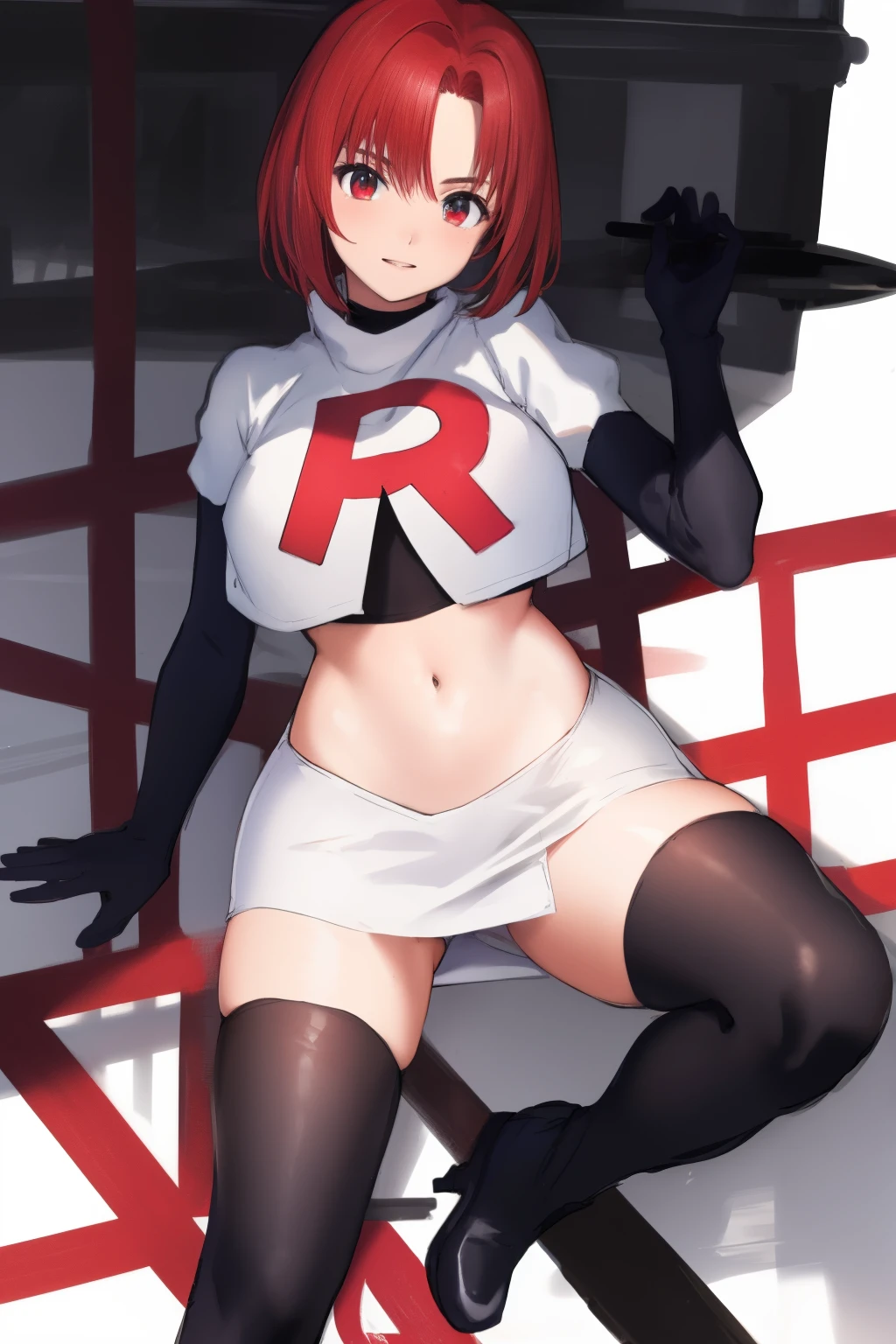 masterpiece, high-detail, sketch, reginaDC, regina, dino crisis, 1girl, female, athletic woman, young, team rocket,team rocket uniform, red letter R, white skirt,white crop top,black thigh-highs,black elbow gloves