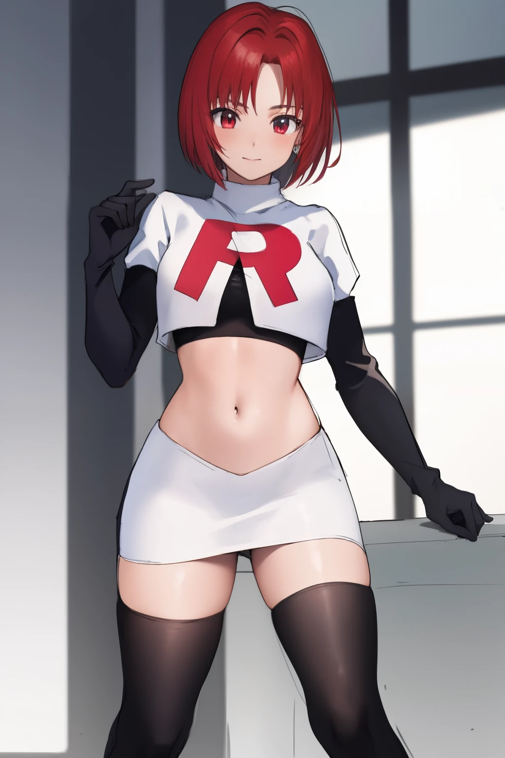 masterpiece, high-detail, sketch, reginaDC, regina, dino crisis, 1girl, female, athletic woman, young, team rocket,team rocket uniform, red letter R, white skirt,white crop top,black thigh-highs,black elbow gloves