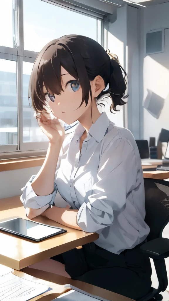 File shot: a captivating image of a Person, engrossed in their work, seated before a computer screen, in an office setting, backlit by soft, warm, golden sunlight filtering through the blinds. The atmosphere is quiet and focused, with no distractions except for a few files spread across the desk. The Person wears a formal shirt, sleeves rolled up, revealing the tablets of their forearms. Their eyes mirror the intensity of their concentration, and the room is filled with a sense of productivity and determination.

[Masterpiece], [Top-quality: 1.0], [Detailed Faces and Eyes], [Realistic Eyes], [Sharp Pupils],
