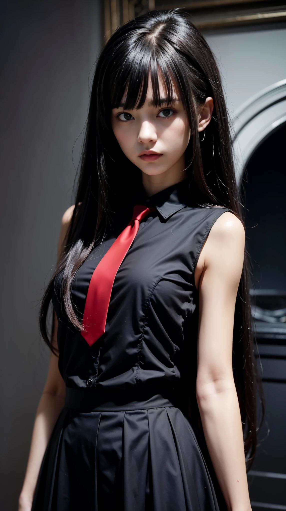 pretty, young, girl, long hair, black hair, (((red eyes))), bangs, (dark shirt), sleeveless, white collar, red tie, small breast, black gloves, black skirt, upper body, white skin, 18 year old, beauty, 1 girl, slender, extremely beautiful face, exquisite face, intimidating look
