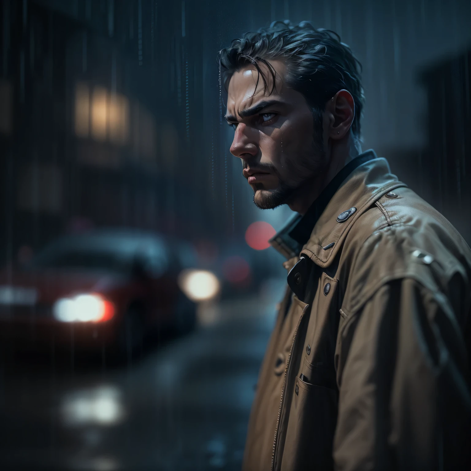 (a man with a gun:1.1) (highly concentrated gaze, sharp eyes) (Detailed facial features, Well-defined nose and lips) (sinister atmosphere) (Dark shadows and dramatic lighting) (high contrast:1.1) (tough texture) (tense and suspenseful:1.1) (Action packed) (dynamic composition) (movie atmosphere) (shallow view deep) (dramatic bokeh) (film noir style) (Dark and moody color palette) (Charming and mysterious) (night setting) (city background) (Streets soaked by rain) (Tension and suspense atmosphere:1.1) (emotional impact) (Intense storytelling) (Thought provoking) (Eye-catching and impactful) (masterpiece:1.2), (high resolution:4k), (actual:1.37), (professional)
