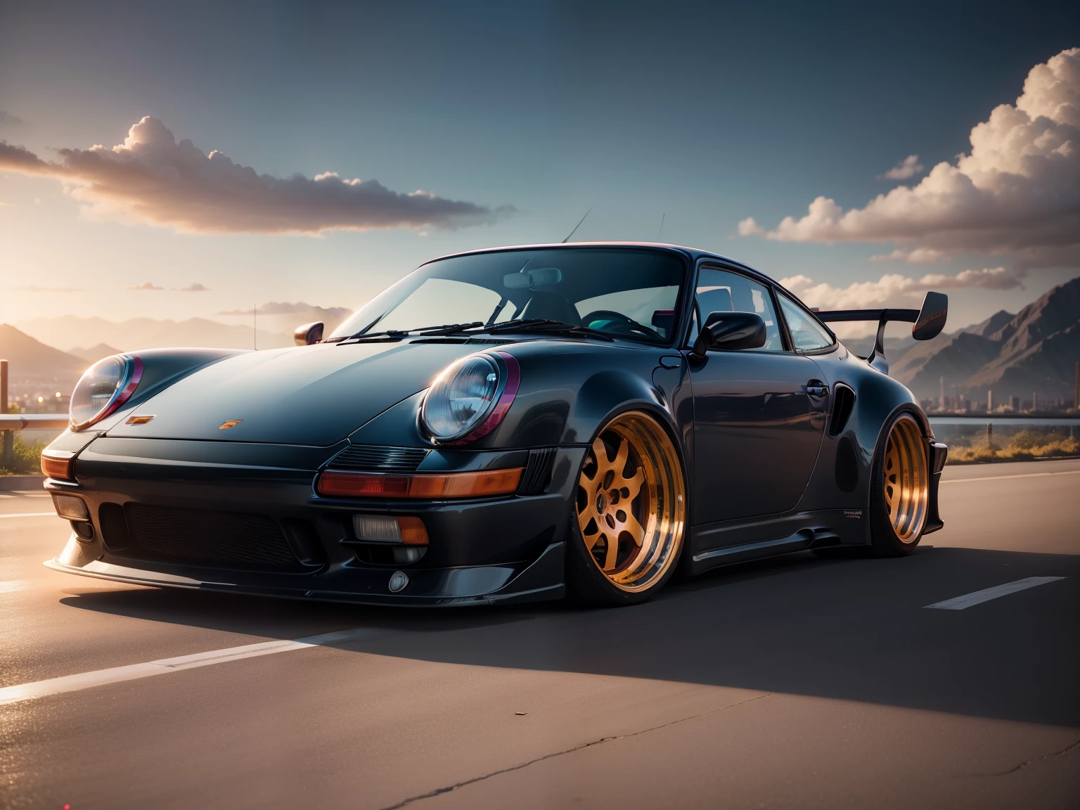 retrowave. City, Porsche 911 rwb, large wheels, slammed, wide body kit, Road, PURPLE NEON MONITOR LIGHT, Sun, Mountain, (Masterpiece, Detailed, A high resolution),