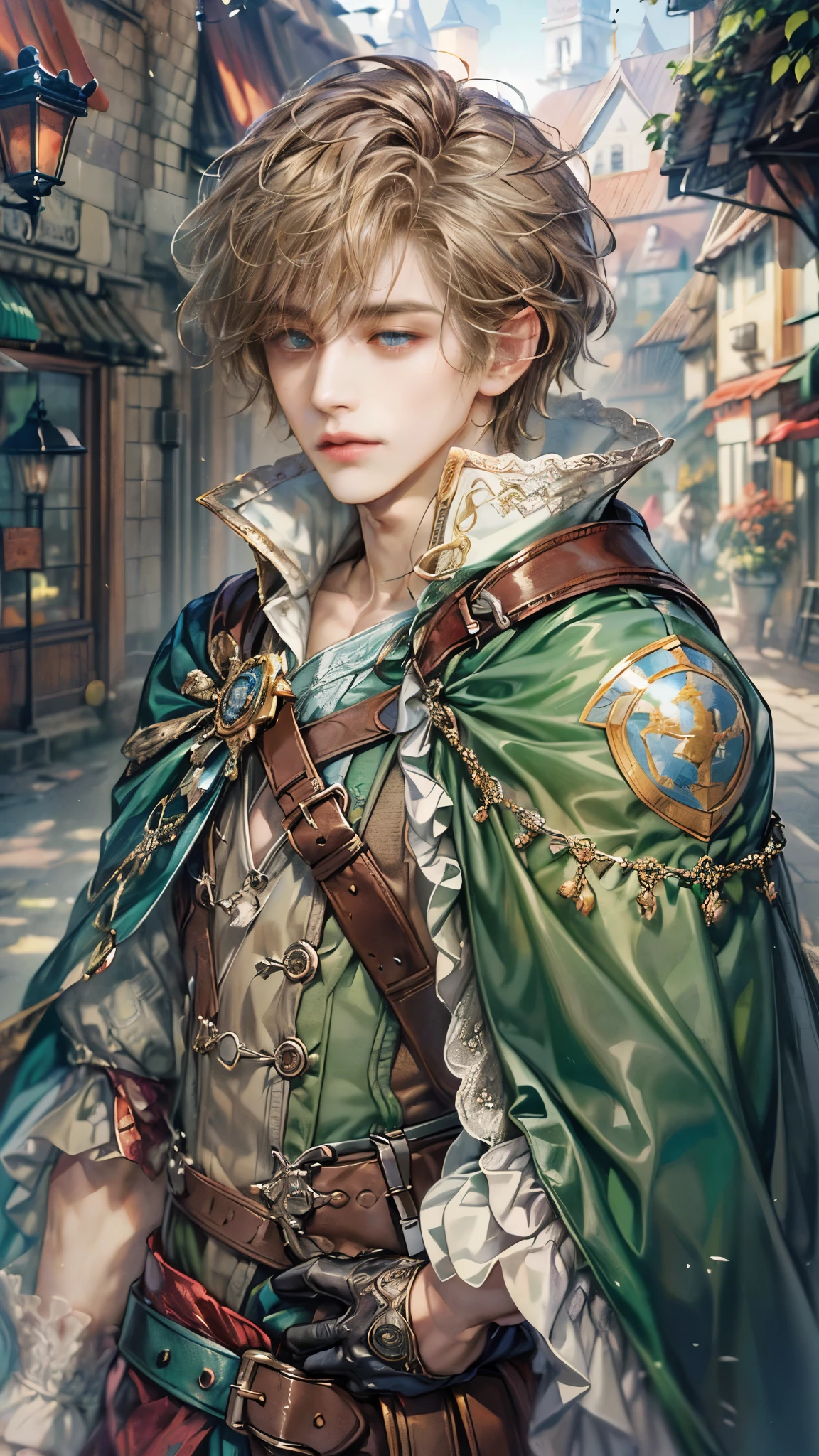 (absurdres, highres, ultra detailed, HDR), masterpiece, Intricate details,best quality picture of a character from Octopath Traveler, handsome teen boy with original Hair color, tim burton style, anime eyes, see through Outfit showing Chest with cape in a random color, detailed town scenery, detailed character, art kenouji