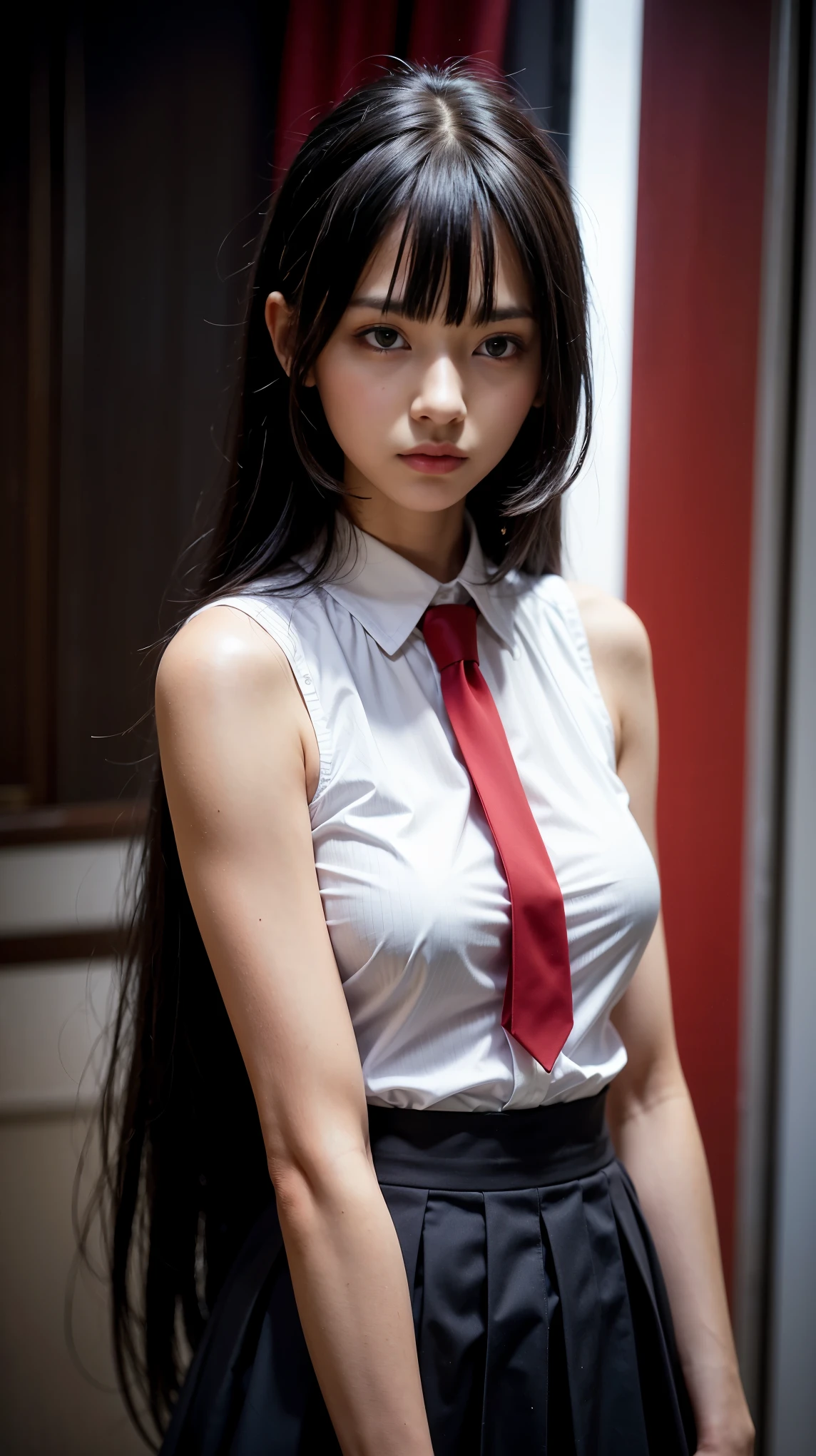 pretty, young, girl, long hair, black hair, (((red eyes))), bangs, (dark shirt), sleeveless, white collar, red tie, small breast, black gloves, black skirt, upper body, white skin, 18 year old, beauty, 1 girl, slender, extremely beautiful face, exquisite face, intimidating look